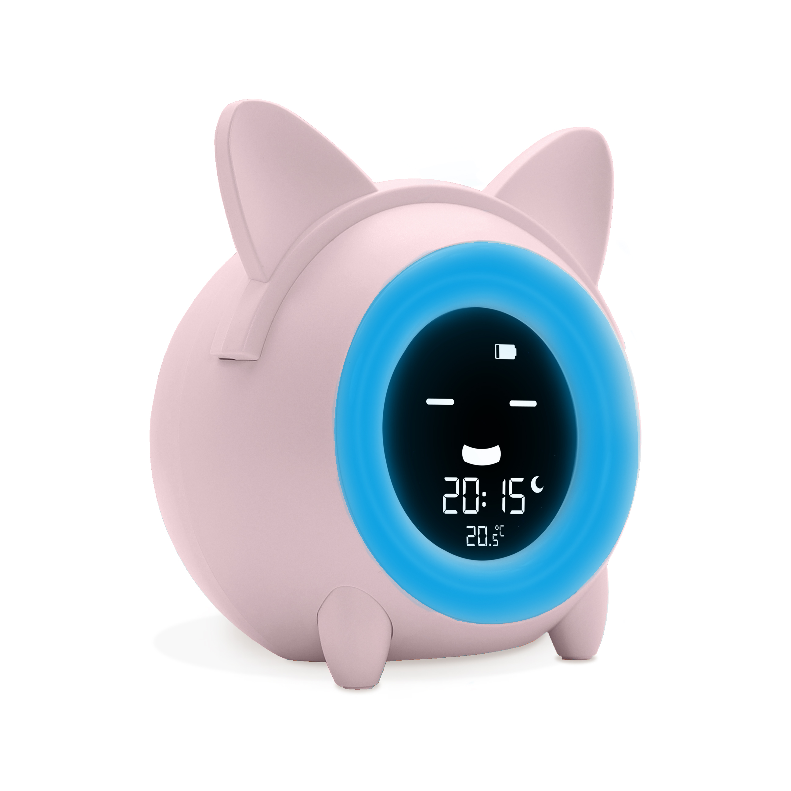 Un despertador rosa con forma de cerdo y una pantalla azul. Muestra la hora y la temperatura.