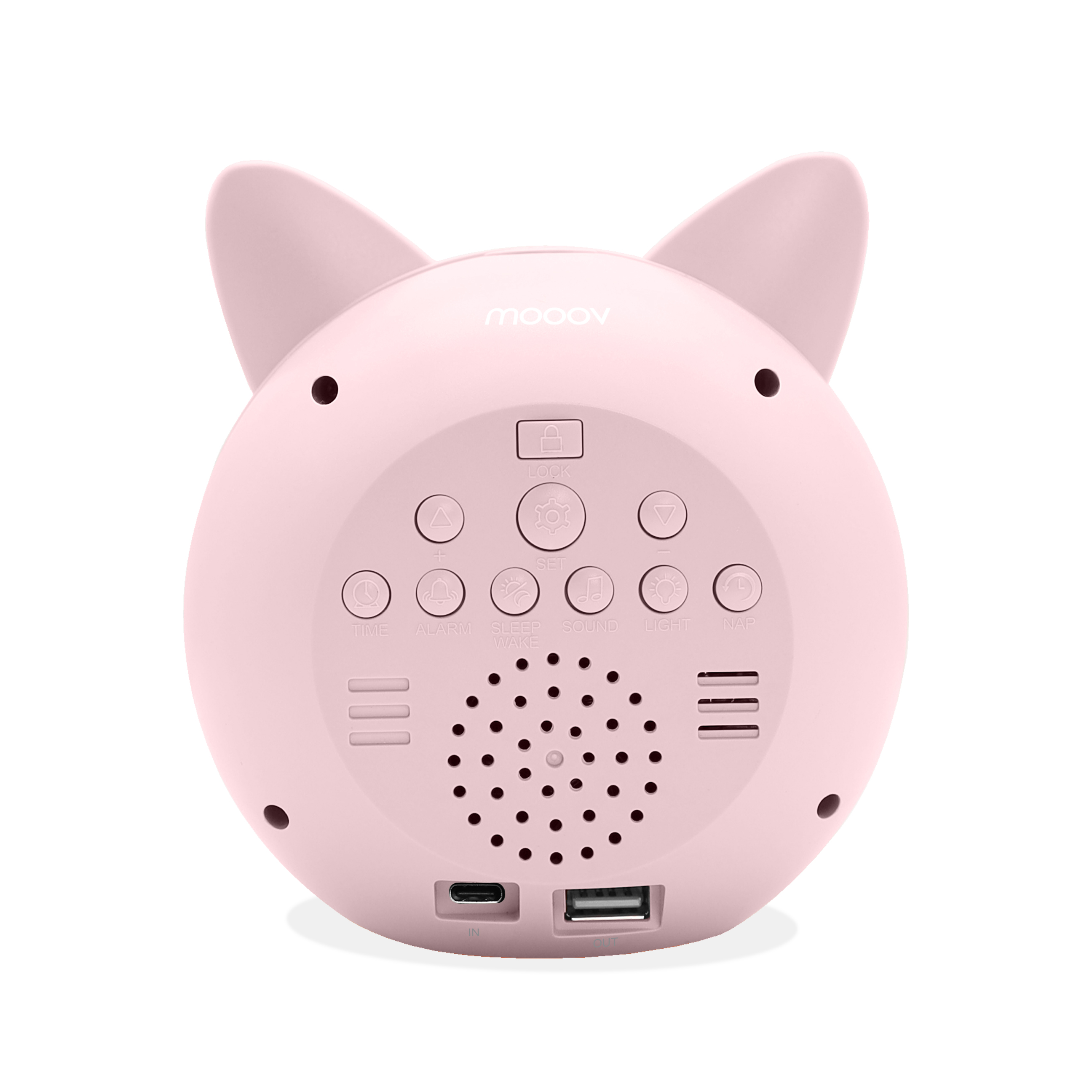 Un despertador rosa con forma de gato. Tiene botones, un altavoz y puertos. La marca es 'mooov'.