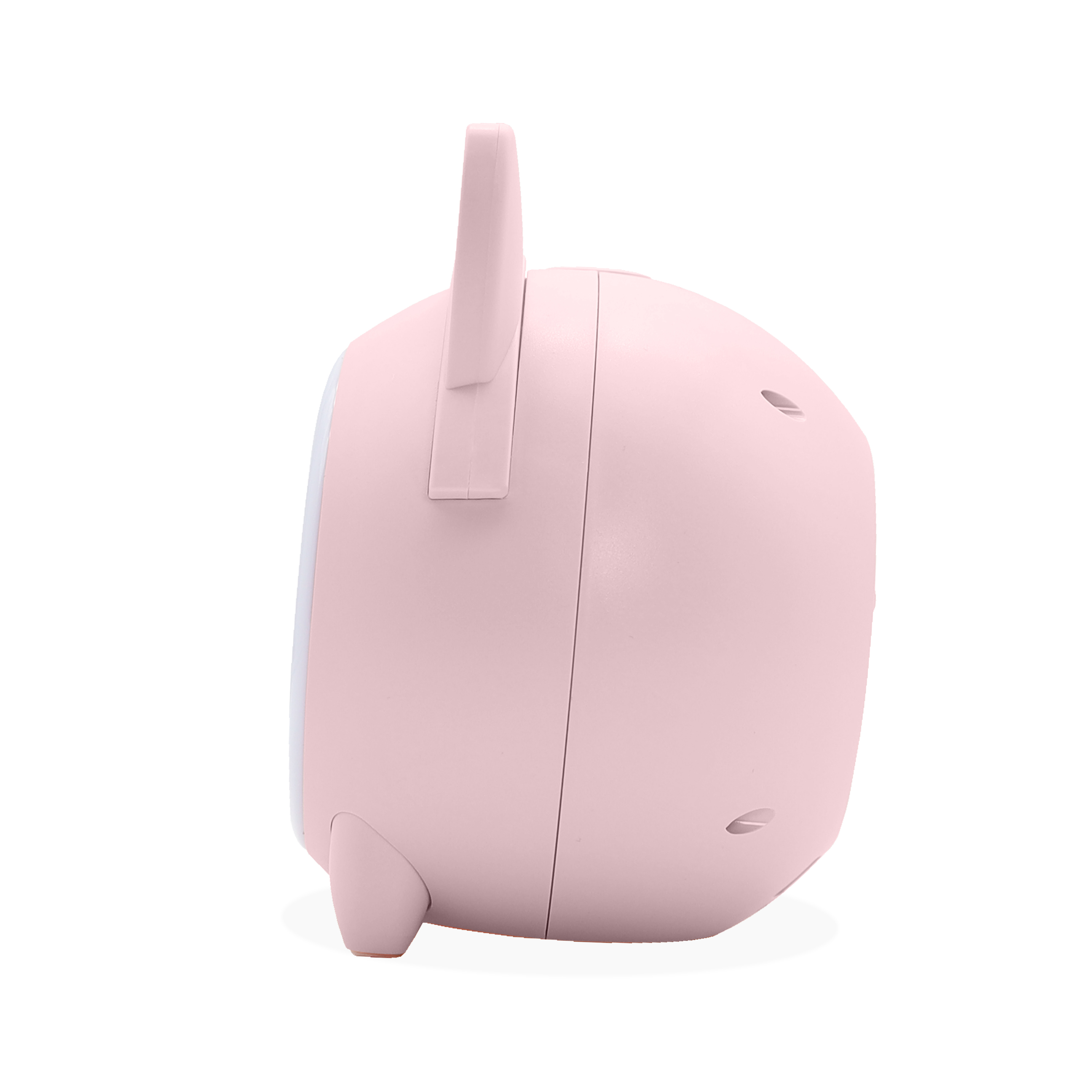 Un dispositivo rosa con asa, forma redondeada y pies pequeños, sobre fondo blanco.