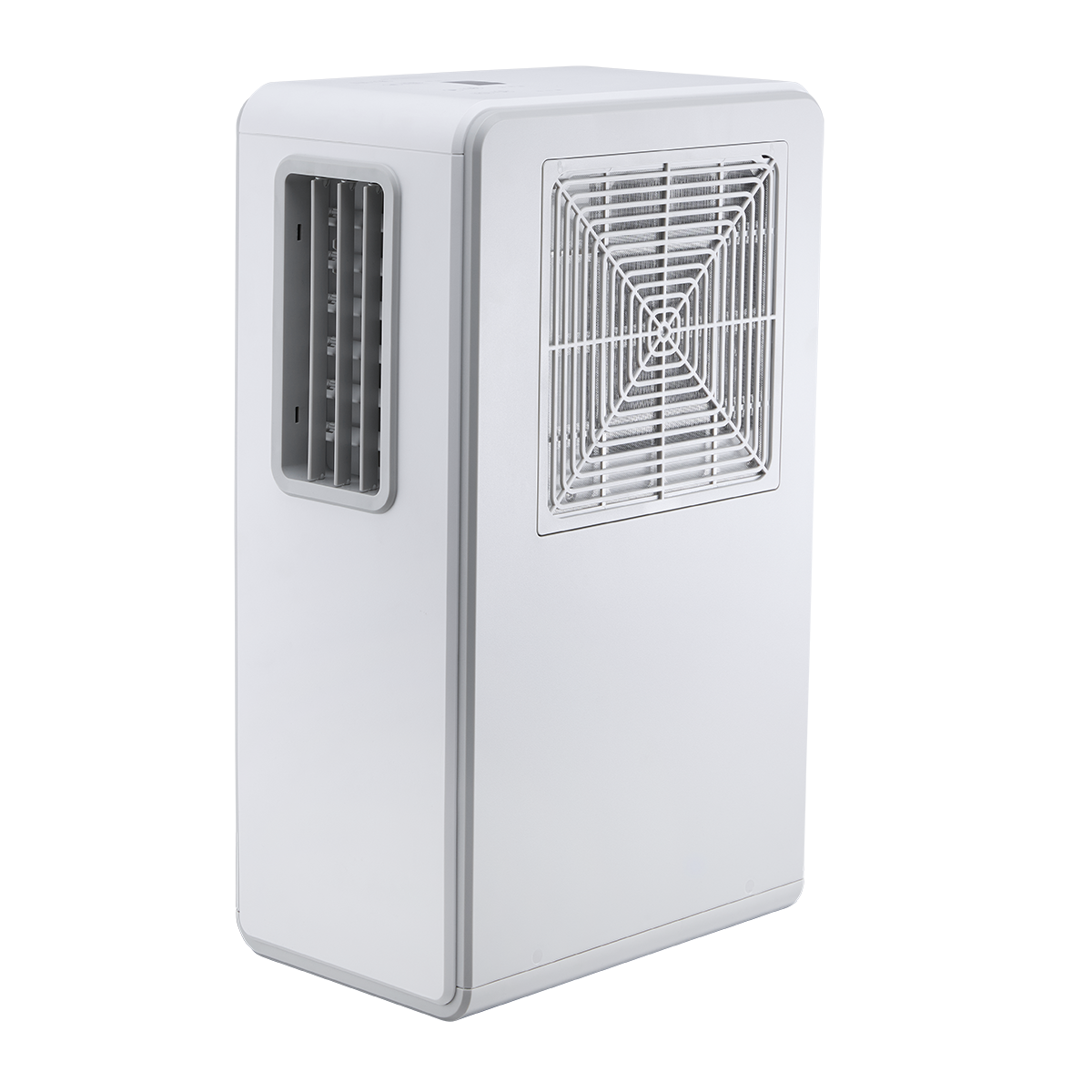 Un purificatore d'aria bianco con bordatura grigia. Ha una presa d'aria laterale e una griglia frontale. Il dispositivo è rettangolare.