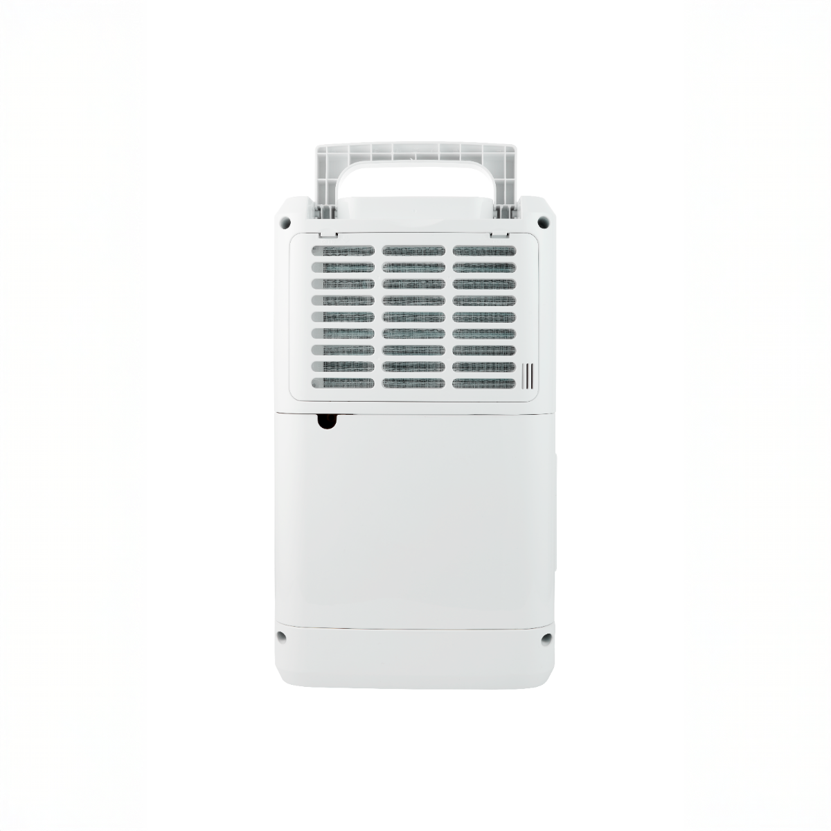 A white dehumidifier is shown against a white background. It has a handle at the top and a vent with a filter.