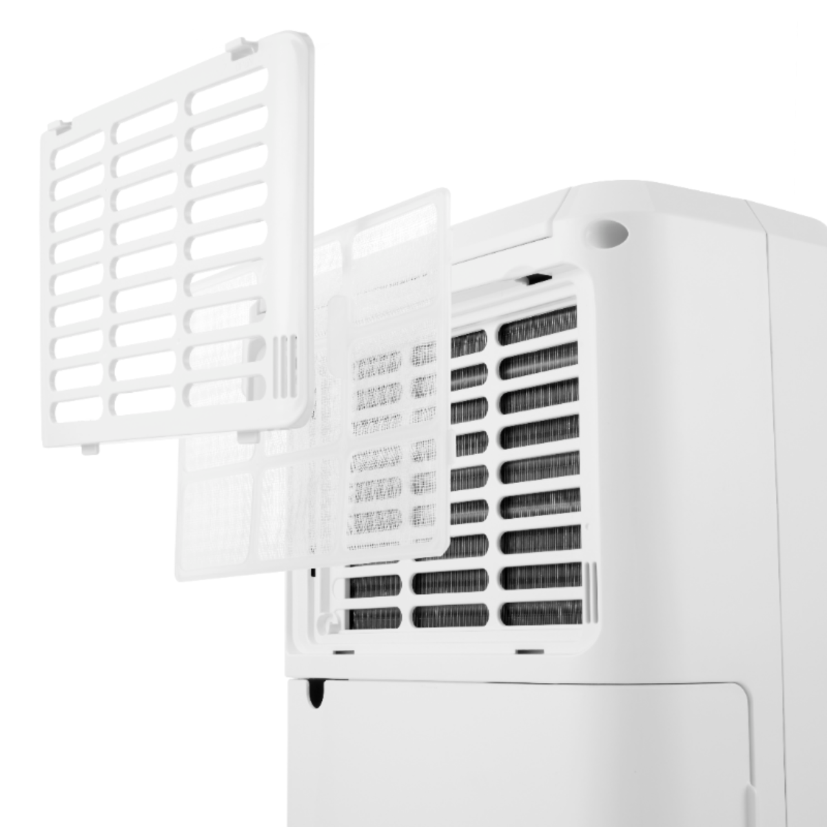 White air purifier with removable filter panels. The filter is being taken out to be cleaned. Clean air in the house.