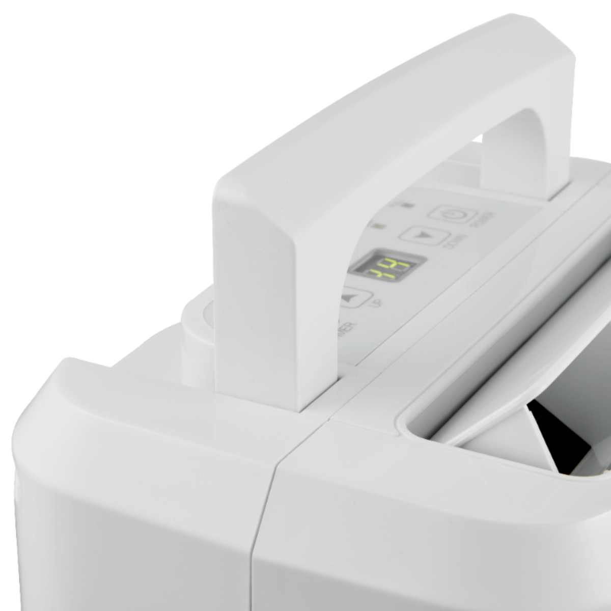 Deumidificatore bianco con maniglia, pannello di controllo e display con numero. Sfondo bianco.
