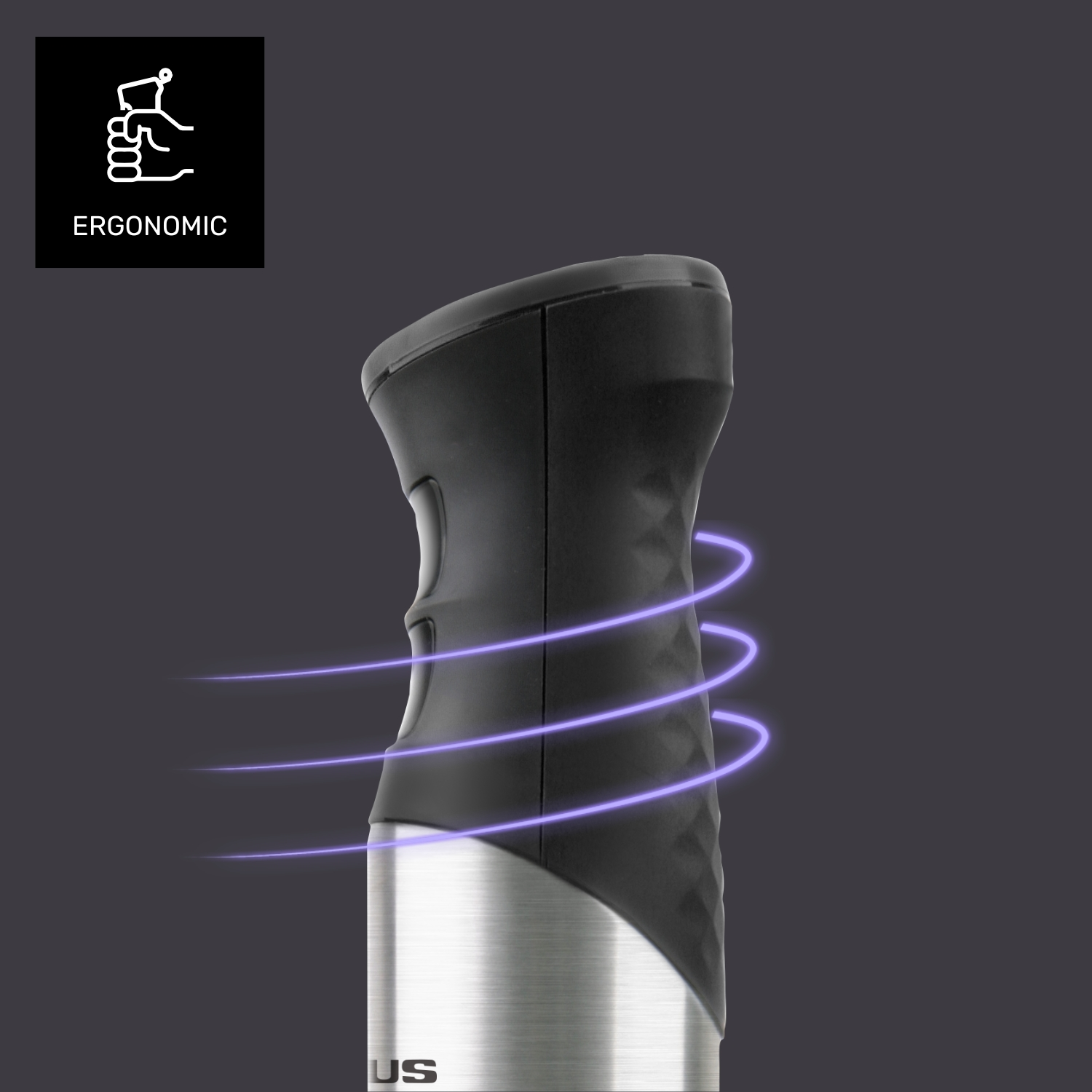 Primer plano de una batidora de mano negra y plateada. La palabra 'Ergonomic' está en un cuadrado negro en la esquina superior izquierda.