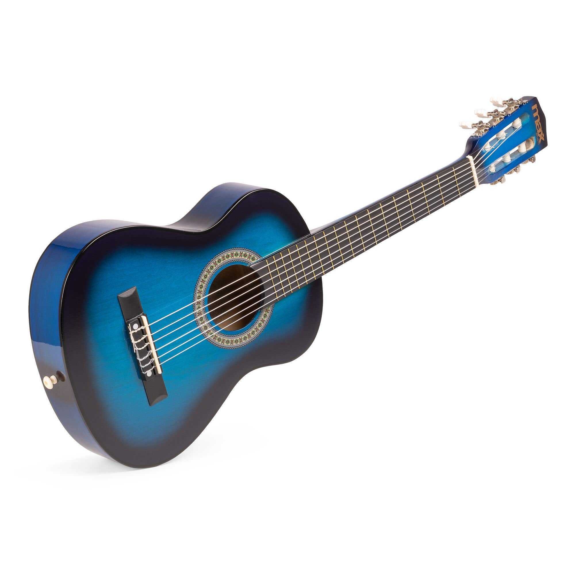 Guitarra acústica azul sobre blanco. Cuerpo azul con bordes negros. Mástil con trastes. Clavijero con clavijas.