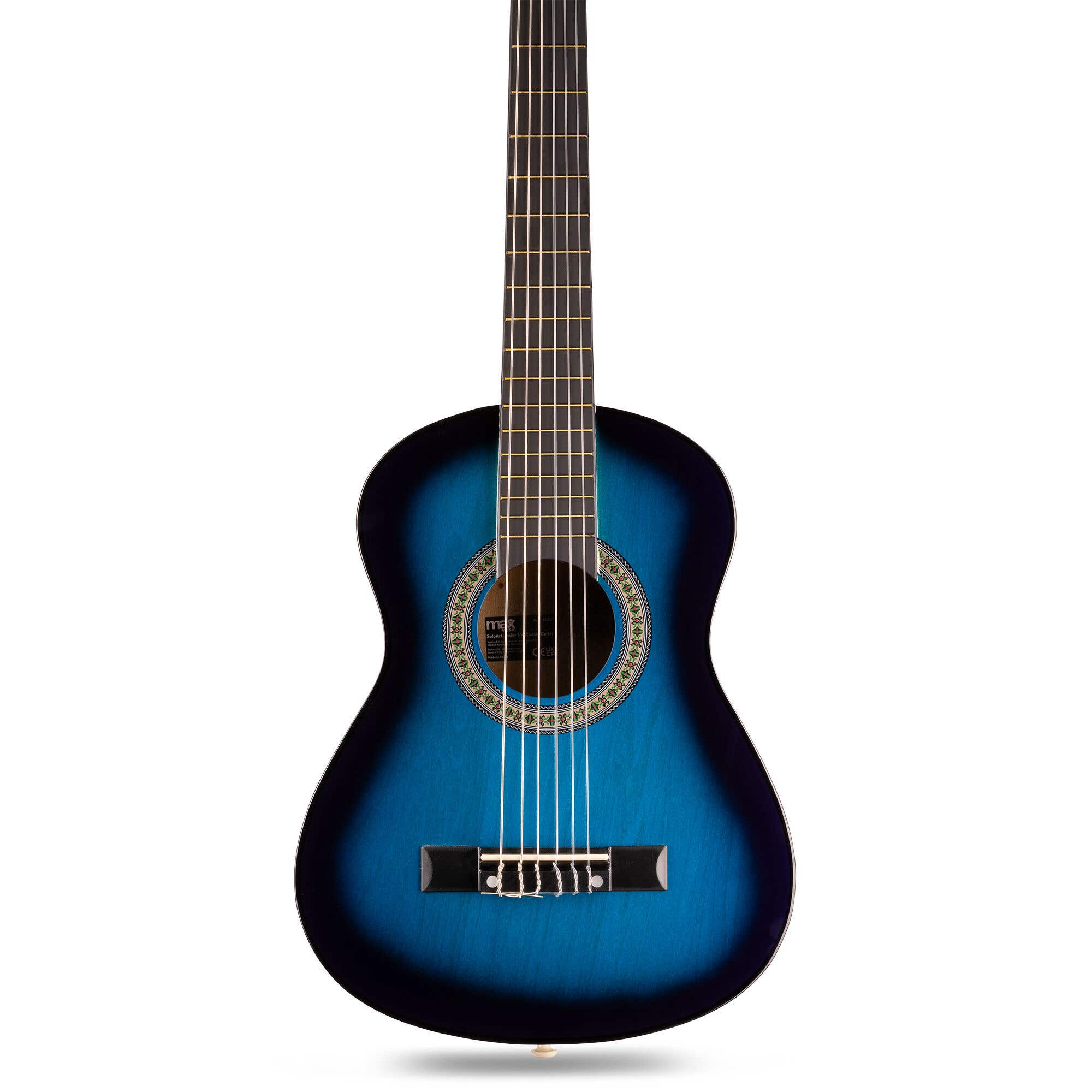 Guitarra acústica con degradado azul y negro. Con cuerdas, boca y puente negro sobre fondo blanco.