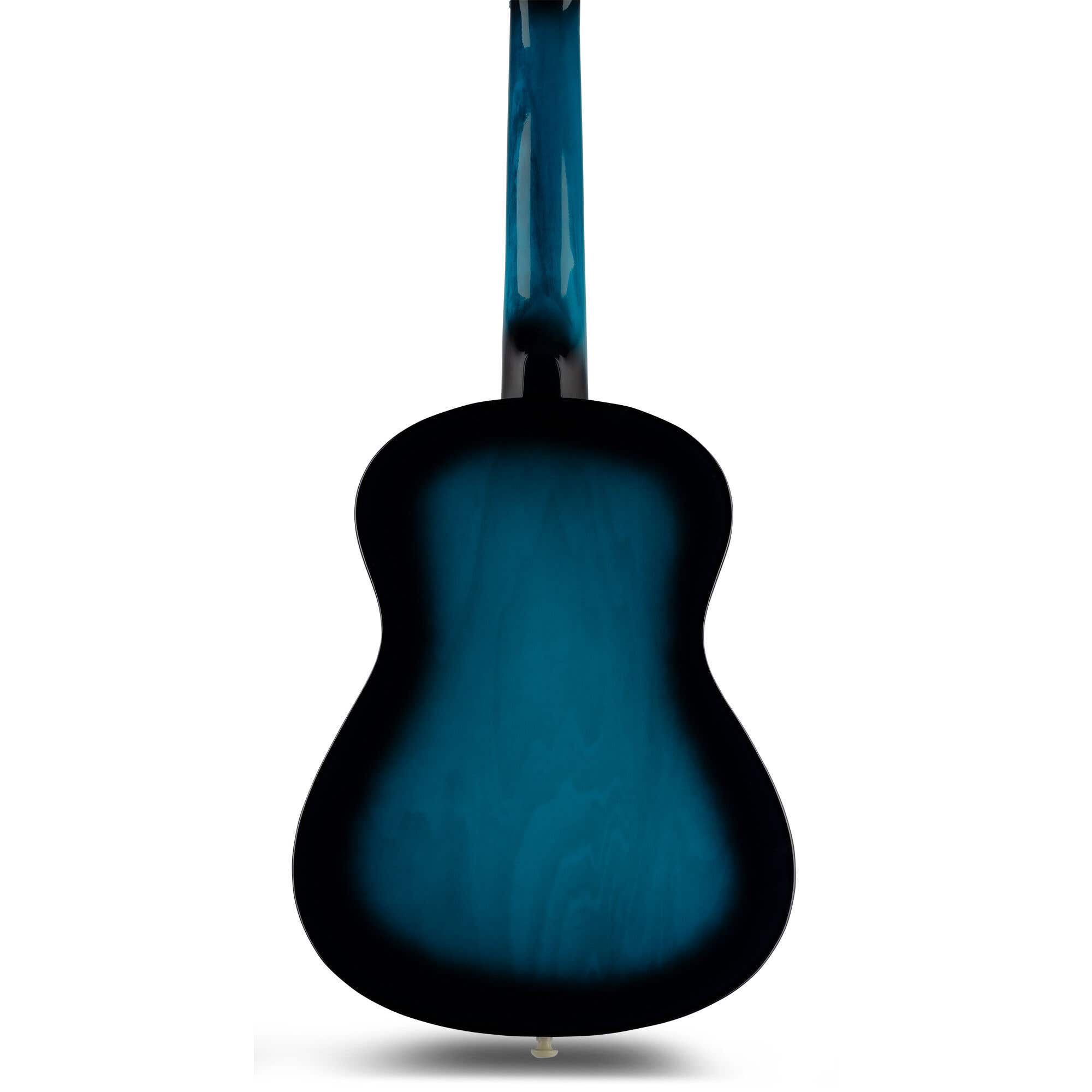 Parte trasera de una guitarra acústica azul. El cuerpo es azul con ribete negro. El mástil es azul y negro. Fondo blanco.