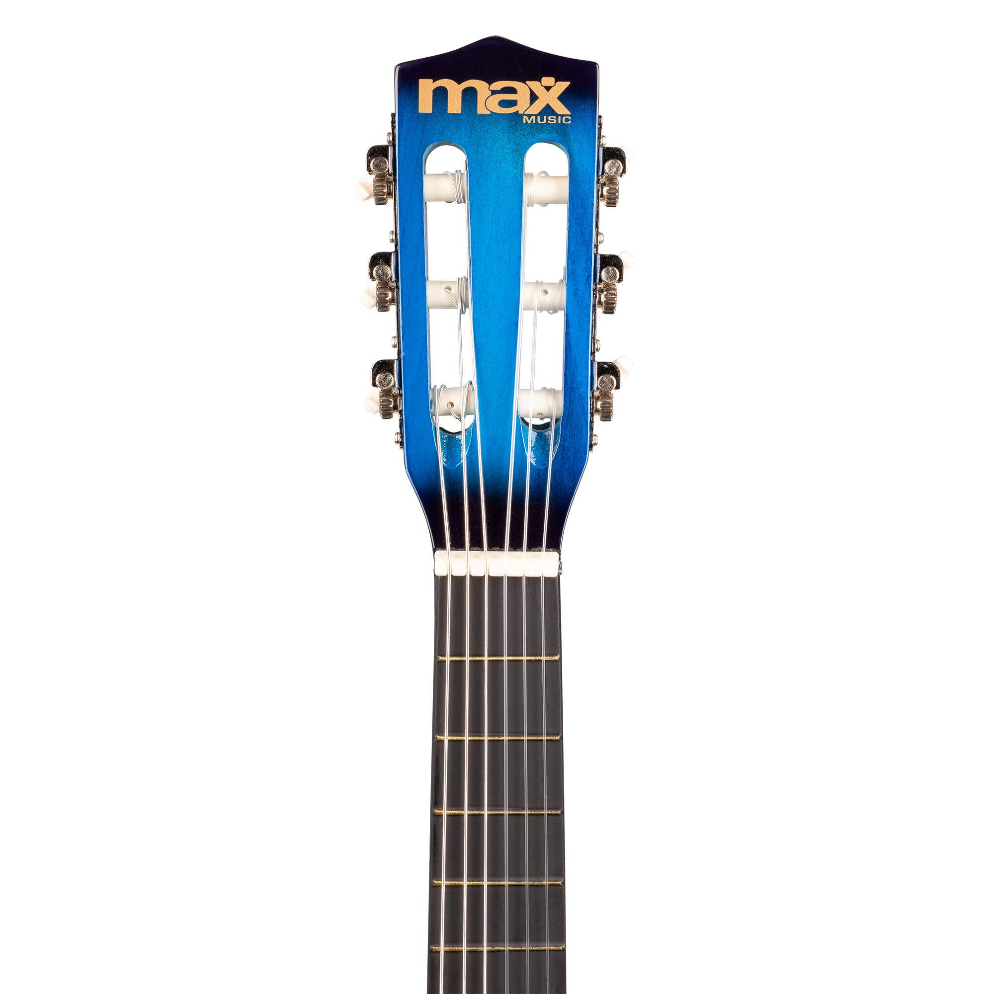 Clavijero de guitarra acústica, degradado azul, logo dorado 'max music', clavijas, cuerdas.