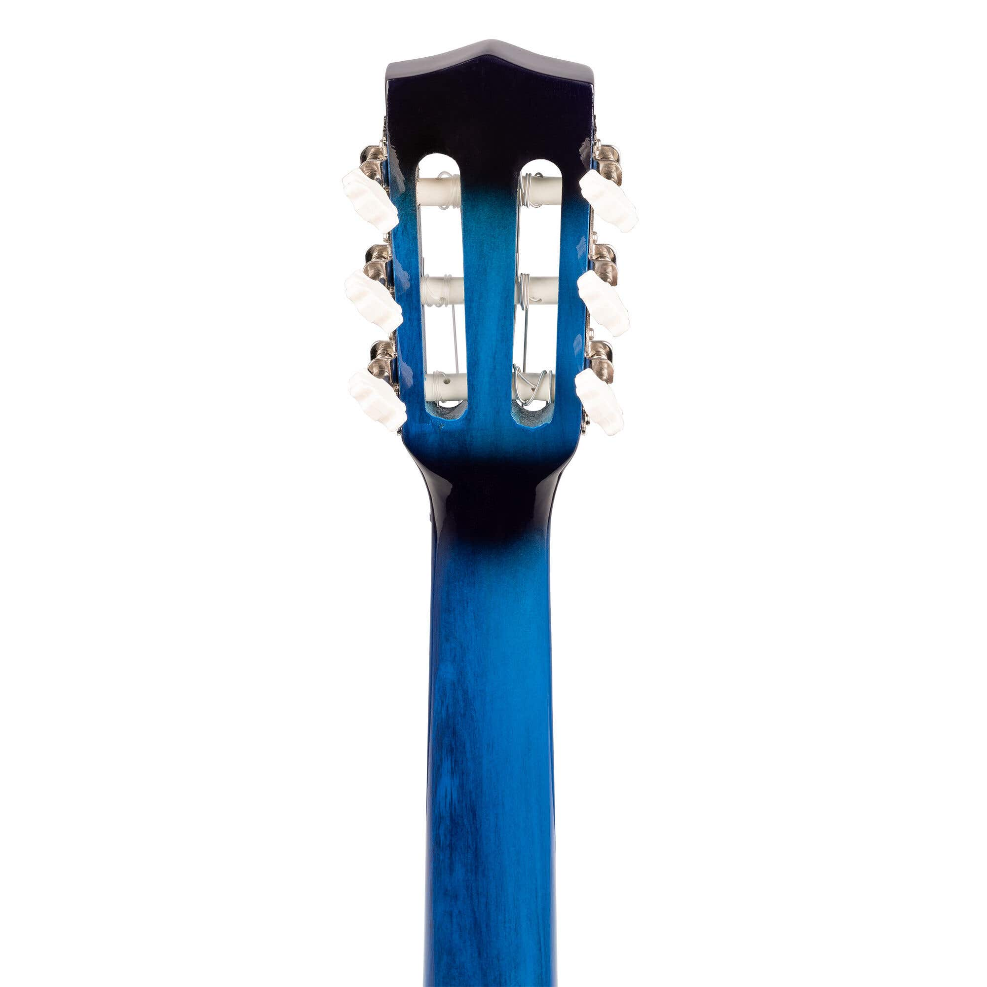 Primer plano del clavijero de una guitarra. Azul, pasando a negro. Clavijas blancas visibles. Fondo blanco.