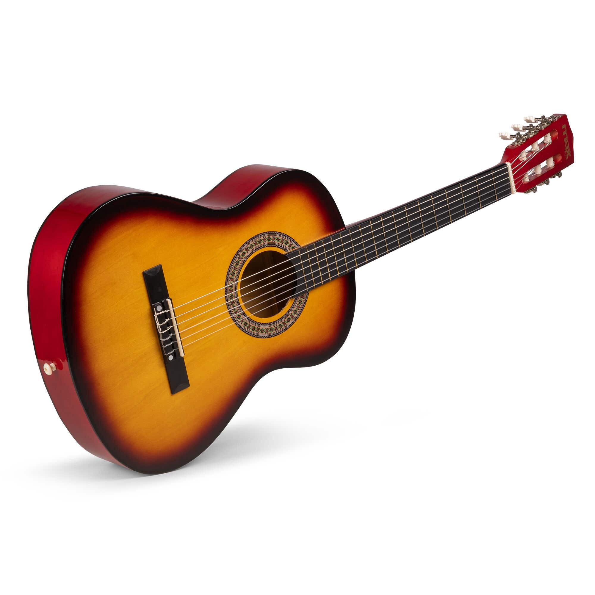 Guitarra acústica con cuerpo rojo y amarillo sobre blanco. Tiene cuerdas, boca y clavijero rojo.