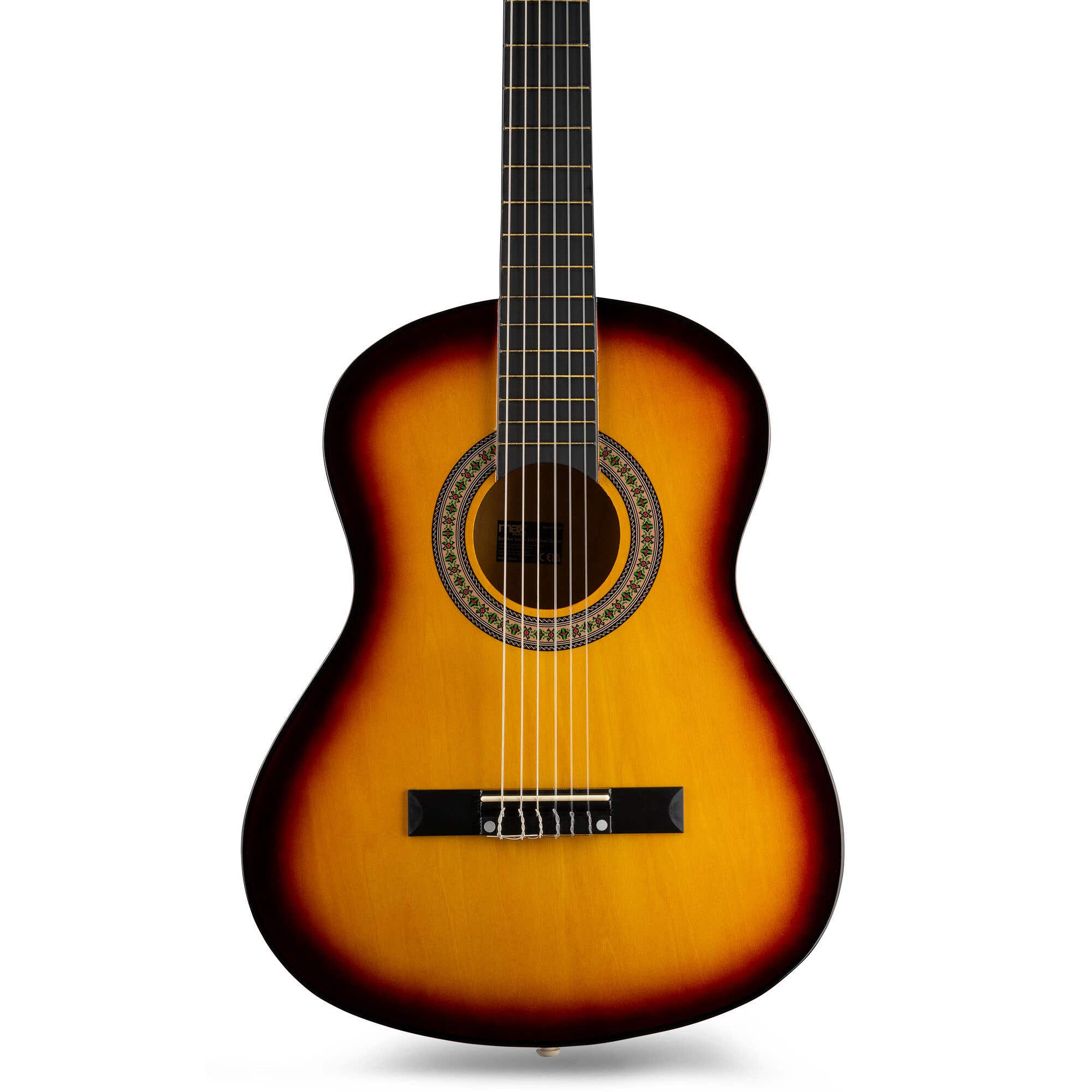 Guitarra acústica con acabado sunburst. Tiene cuerdas, boca y puente negro.