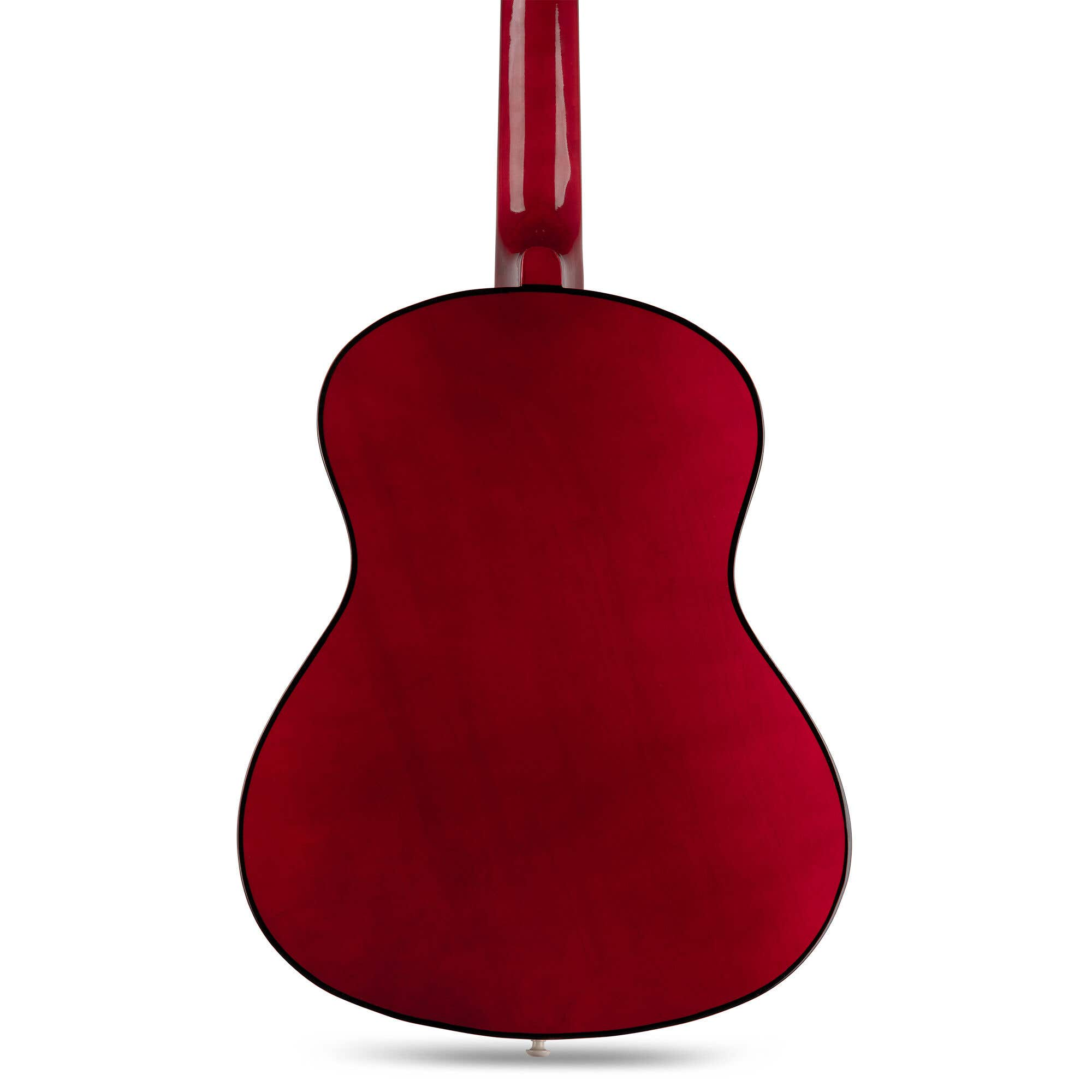 Vista trasera de guitarra acústica. Cuerpo y mástil rojos, contorno negro. Aislada sobre fondo blanco.