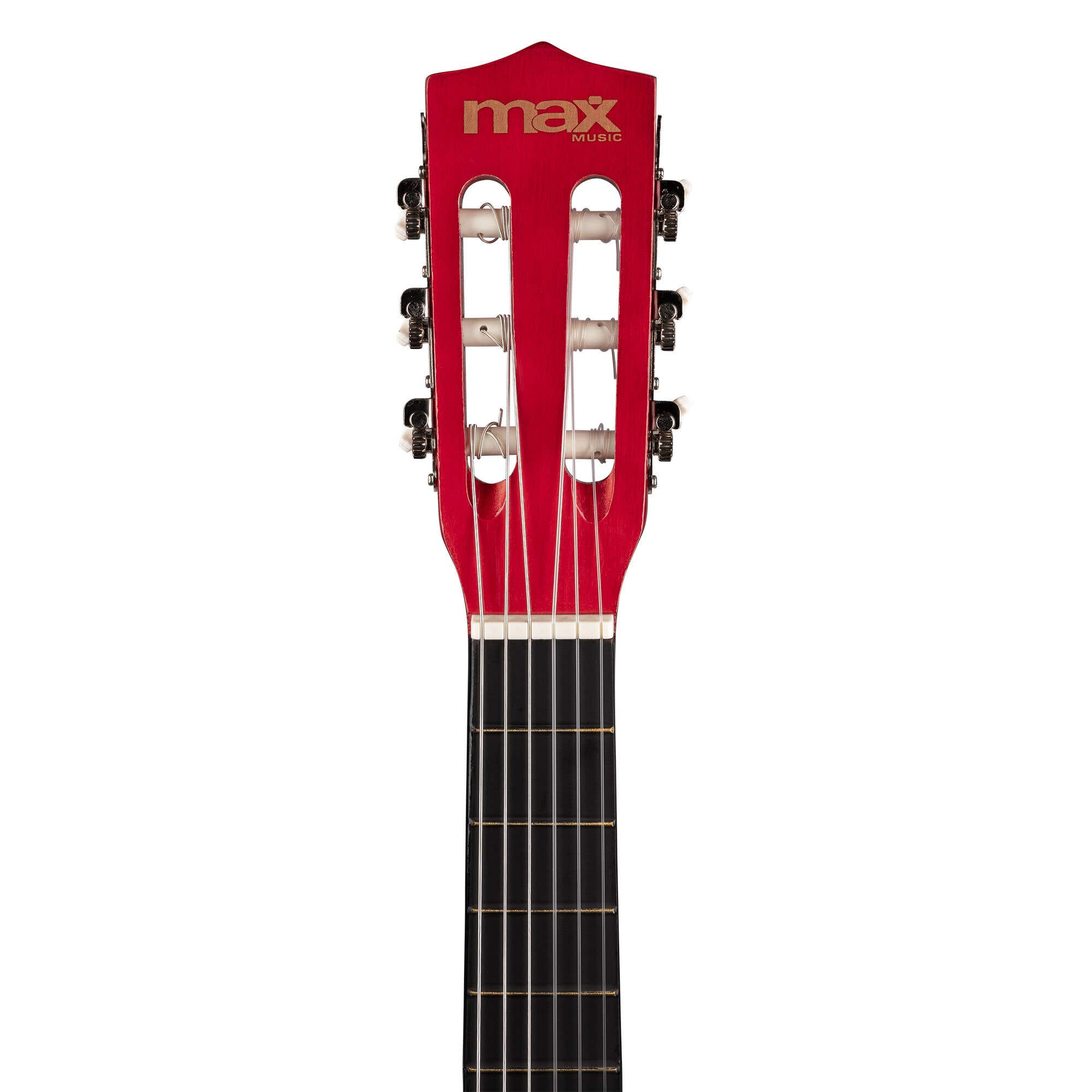 Clavijero rojo con 'max music' y diapasón negro con cuerdas.