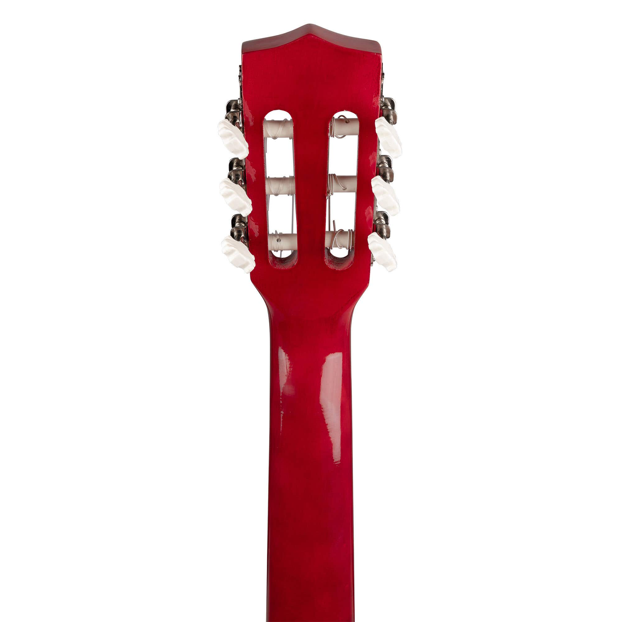 Primer plano del clavijero rojo de una guitarra sobre fondo blanco. Se ven clavijas y mástil.