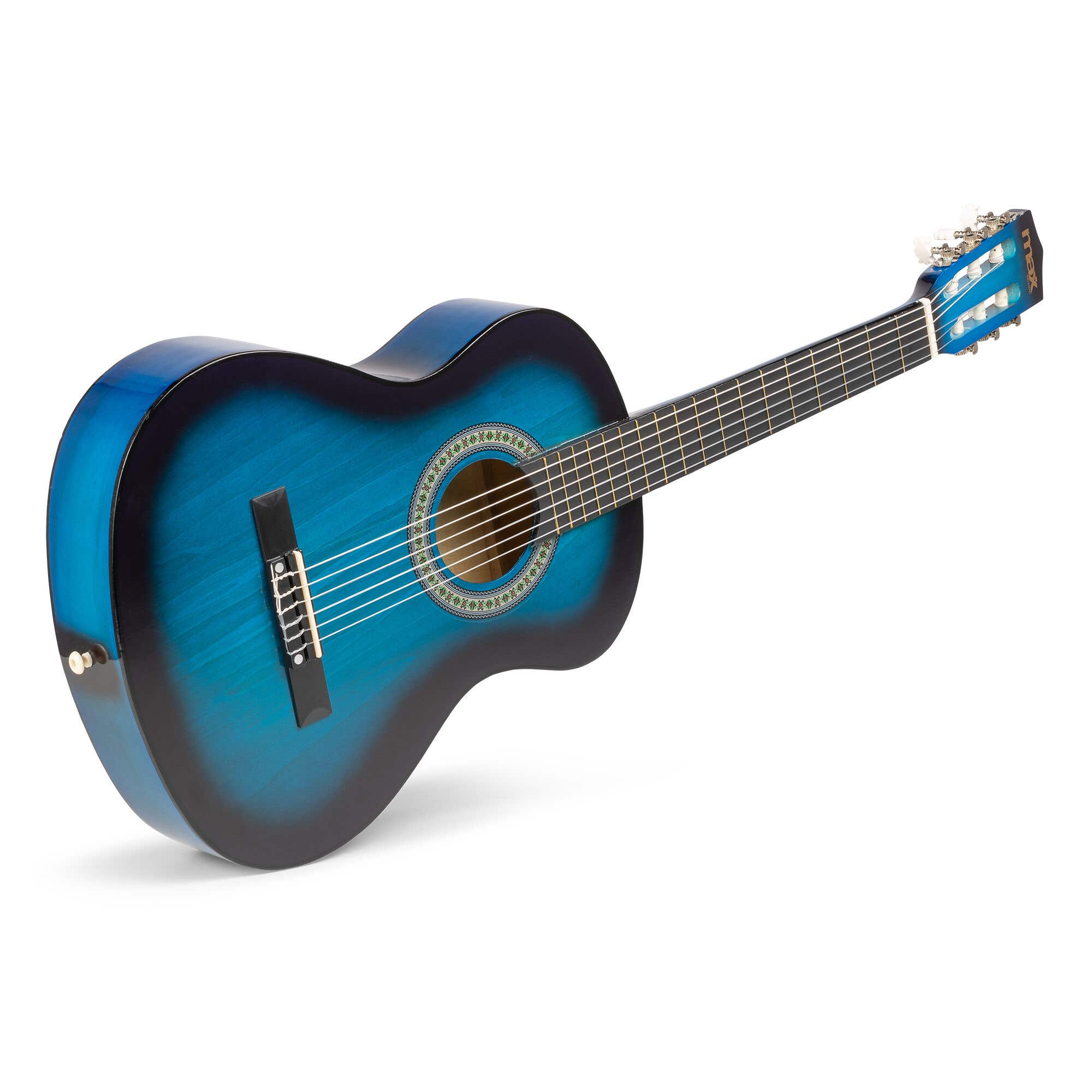 Una guitarra acústica azul sobre un fondo blanco. La guitarra tiene un degradado de azul y negro.