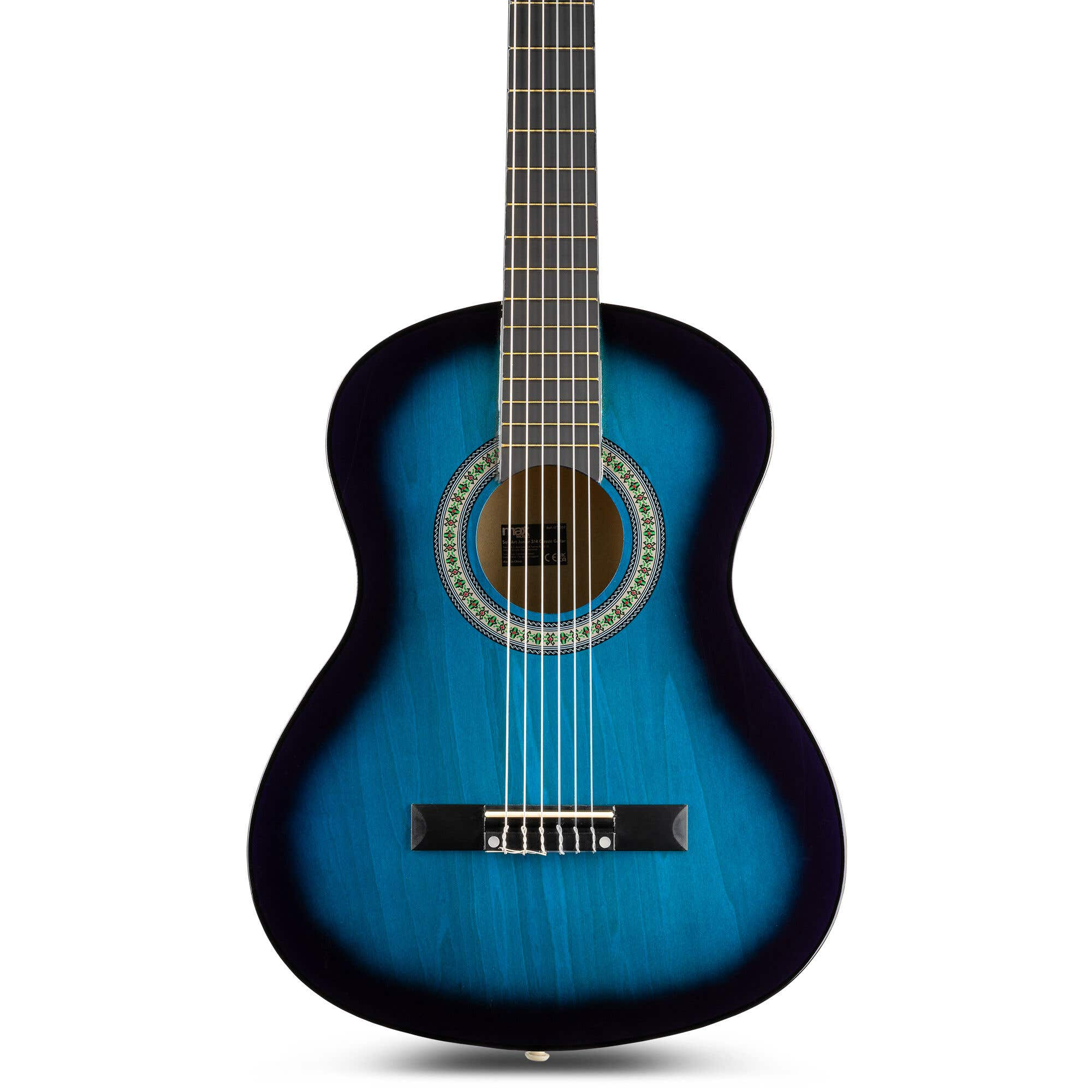 Una guitarra acústica azul centrada sobre fondo blanco. La guitarra tiene un acabado azul degradado.