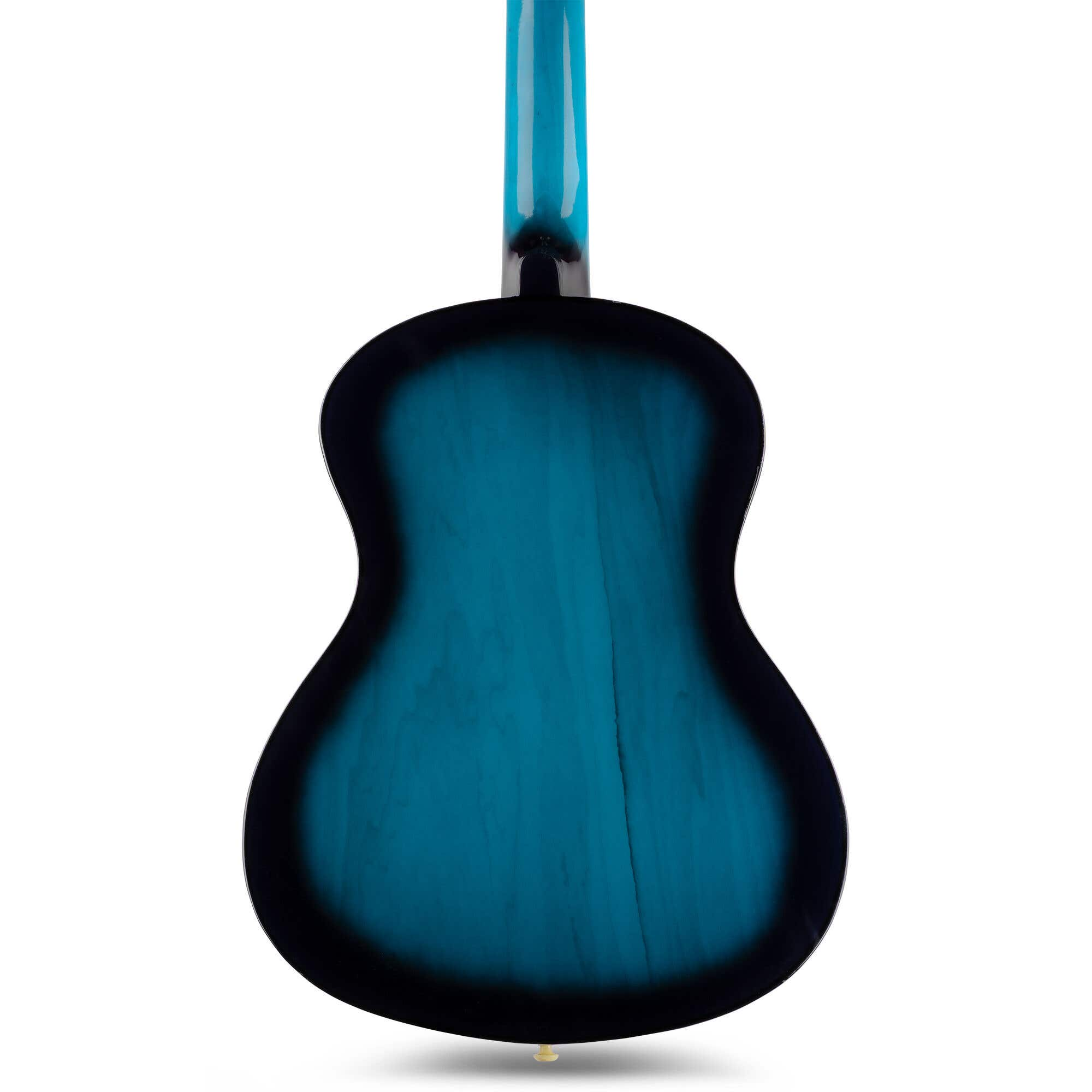 Vista posterior de una guitarra acústica azul sobre un fondo blanco. La guitarra tiene un acabado brillante.