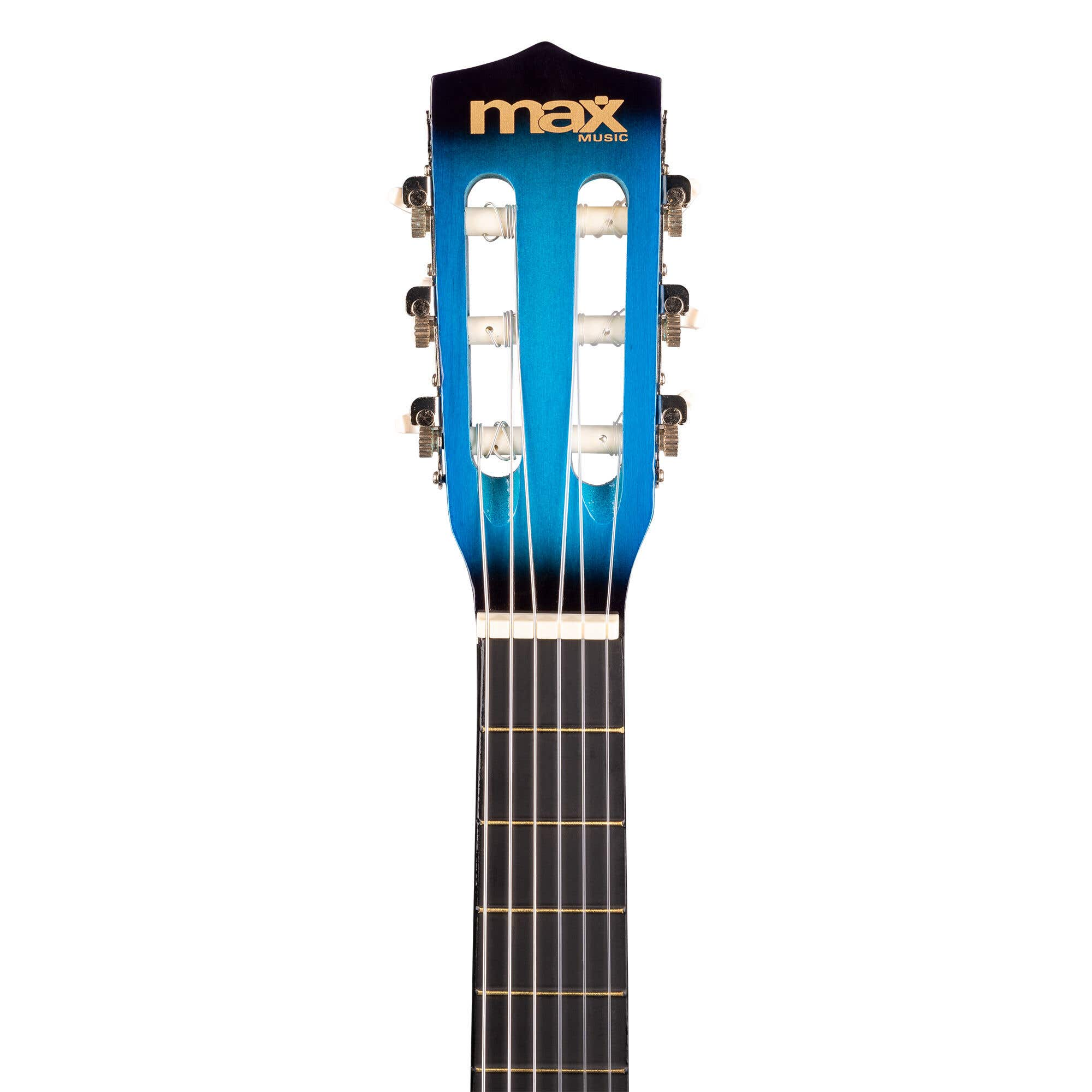 Un clavijero azul con cuerdas. El texto dorado dice 'max music'.