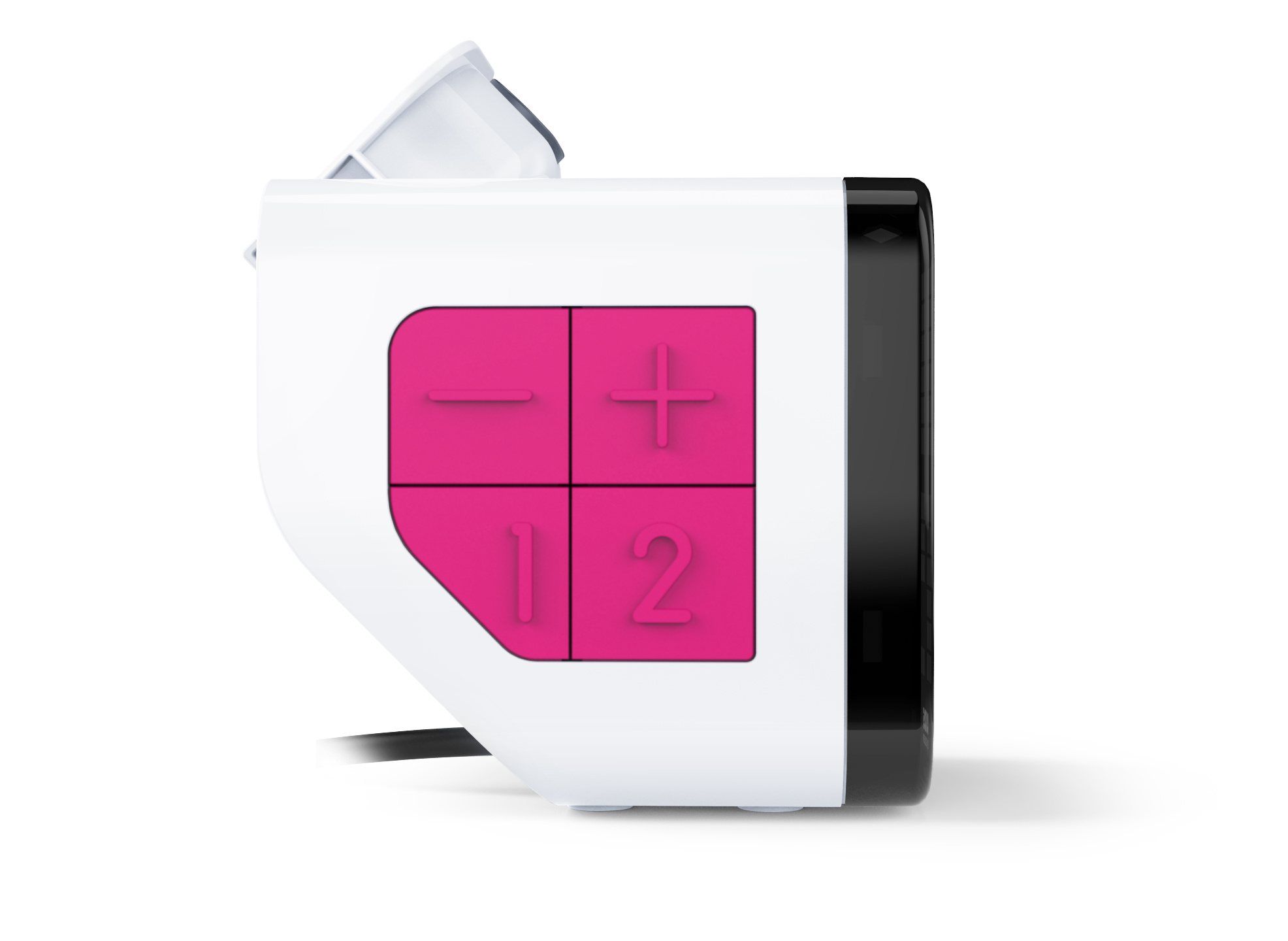 Un dispositivo blanco con un panel de control rosa. El panel tiene botones de menos, más, 1 y 2. Borde negro en el lado derecho y blanco arriba.
