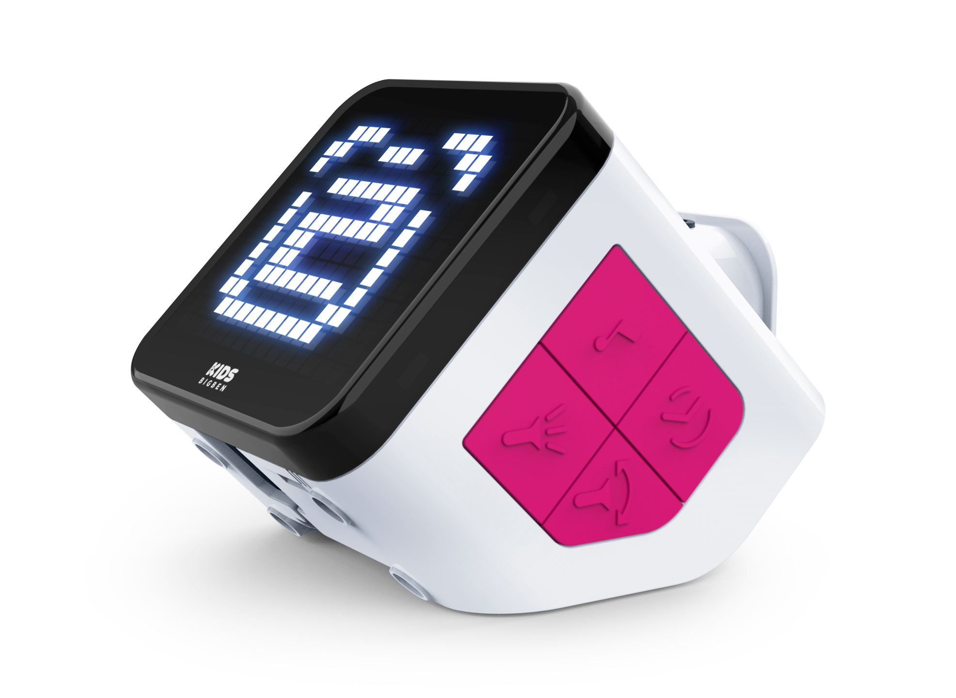 Un dispositivo blanco y negro de Kids Bigben con una pantalla digital que muestra '12'. Tiene botones rosas con iconos.