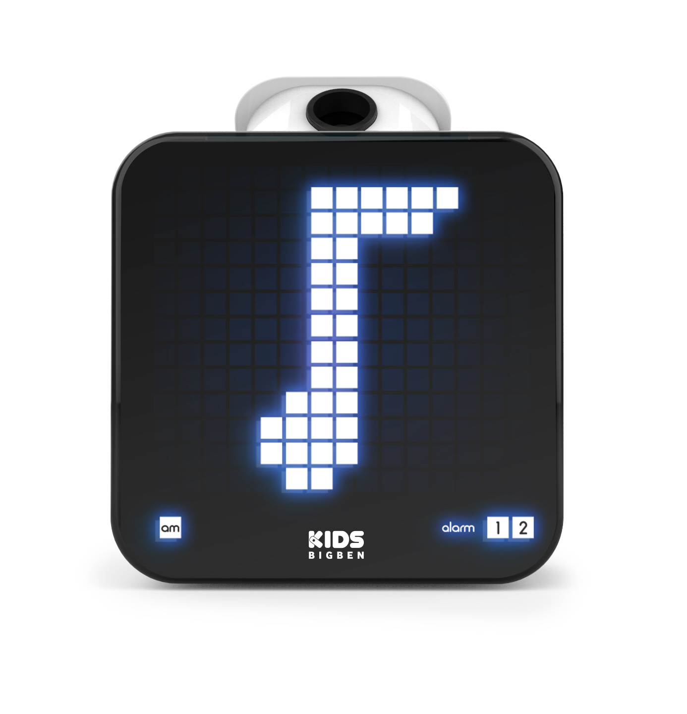 Un reloj despertador negro de Kids Big Ben muestra una nota musical blanca. Muestra 'am' y 'alarm 12'.