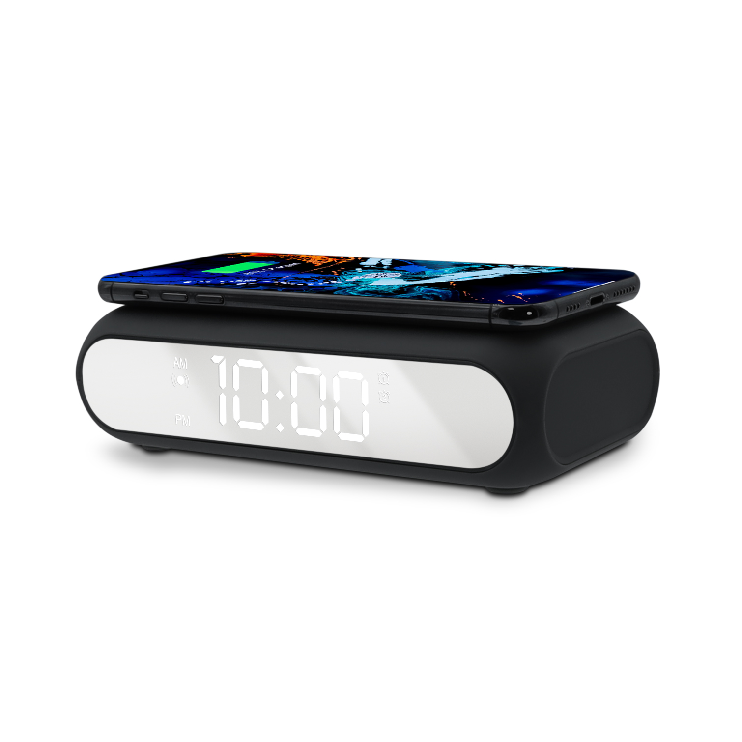 Un reloj negro con pantalla blanca que muestra las 10:00. Un teléfono descansa encima, mostrando una imagen colorida.