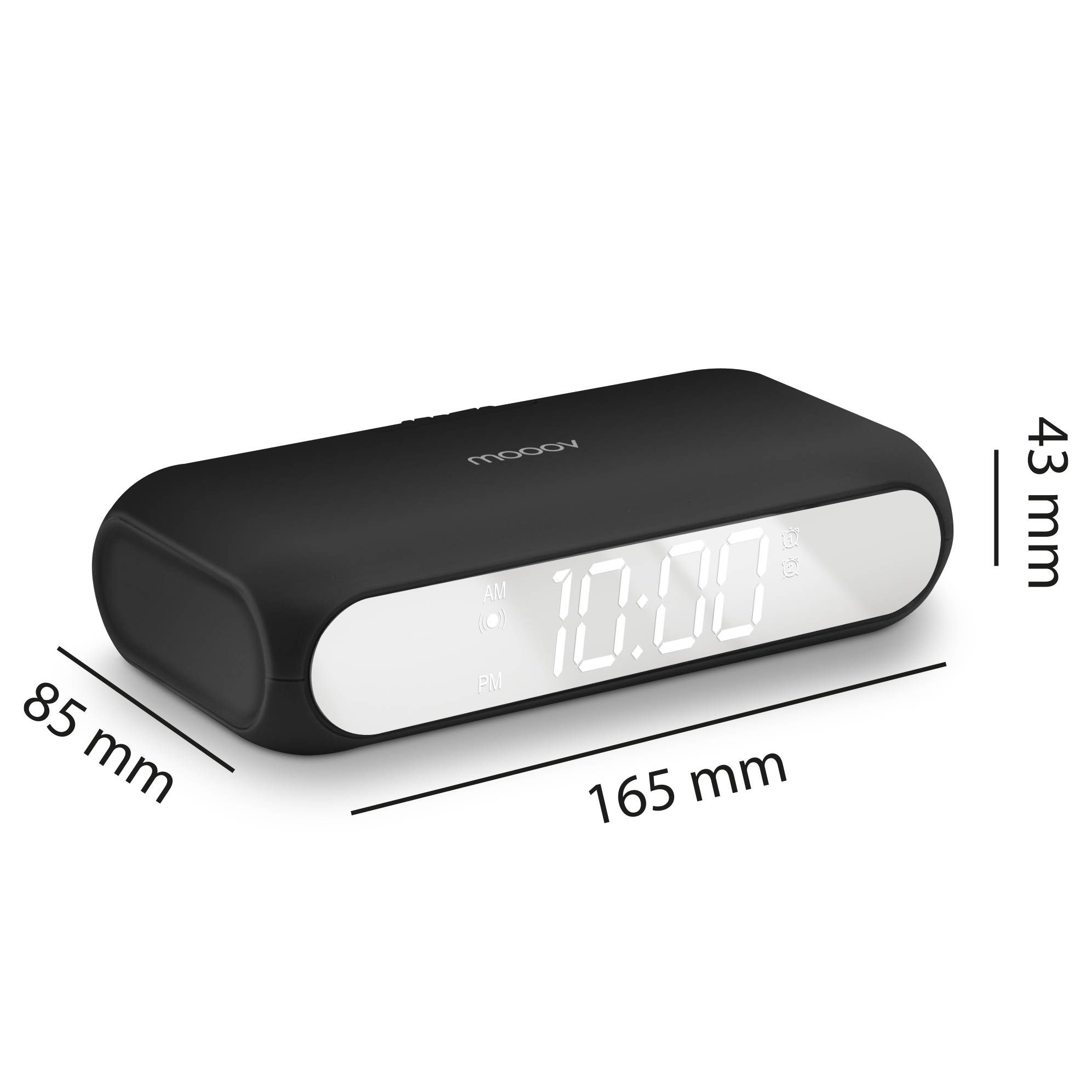Despertador digital negro con pantalla blanca que muestra las 10:00. Dimensiones: 165x85x43 mm. Marca: moov.