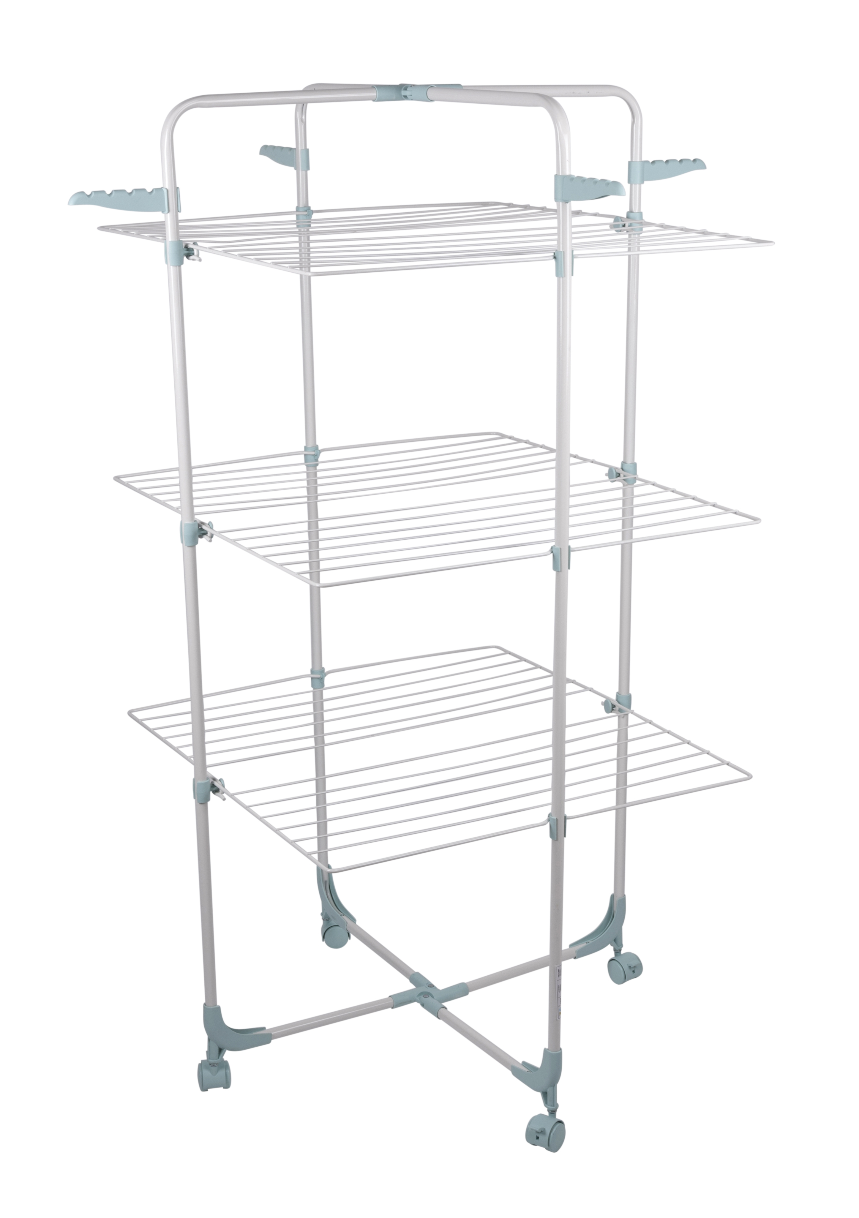 A white metal clothes drying rack with several levels. Light blue accents are on the joints and arms.