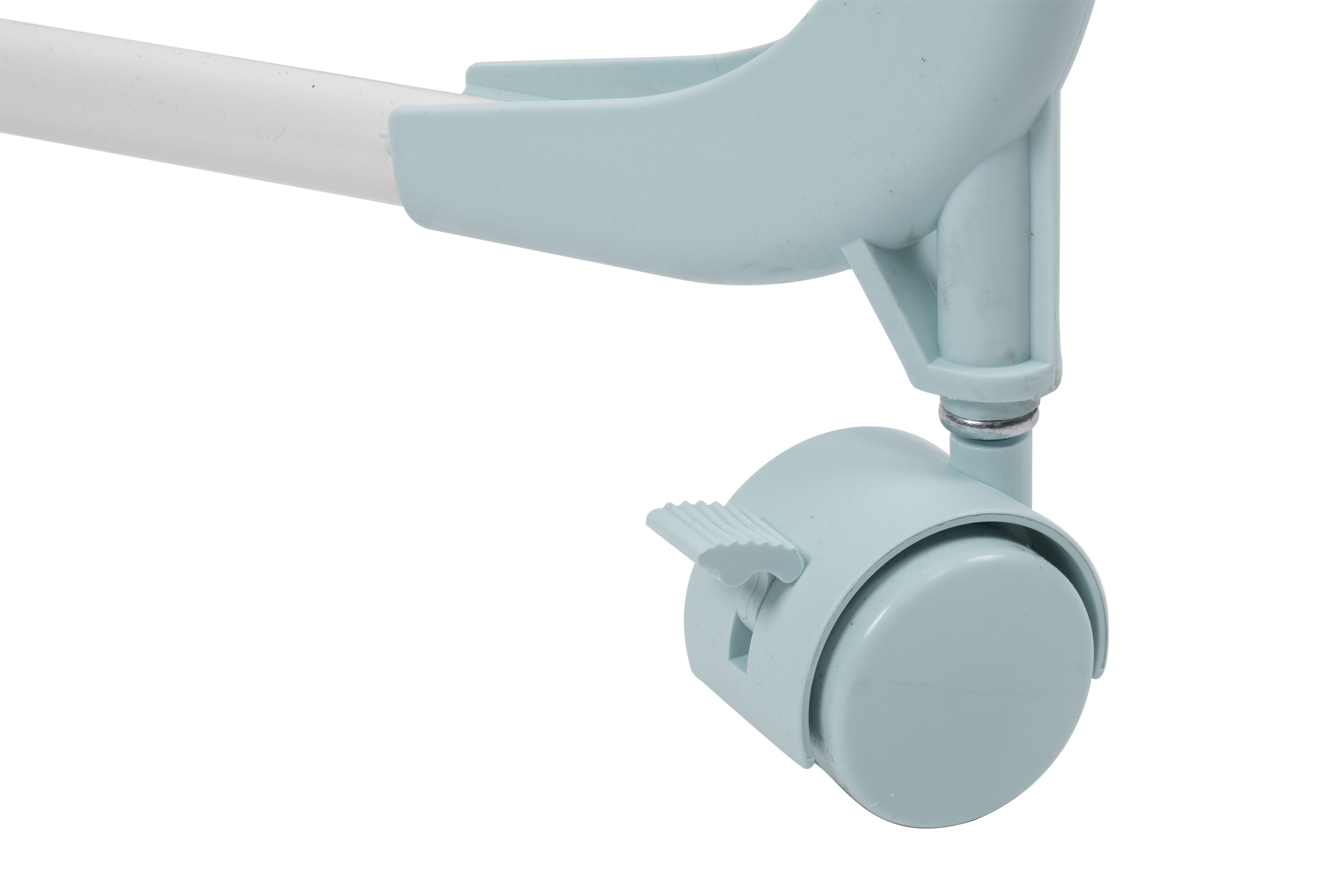 A light blue caster wheel is attached to a white pole. The wheel has a locking lever.