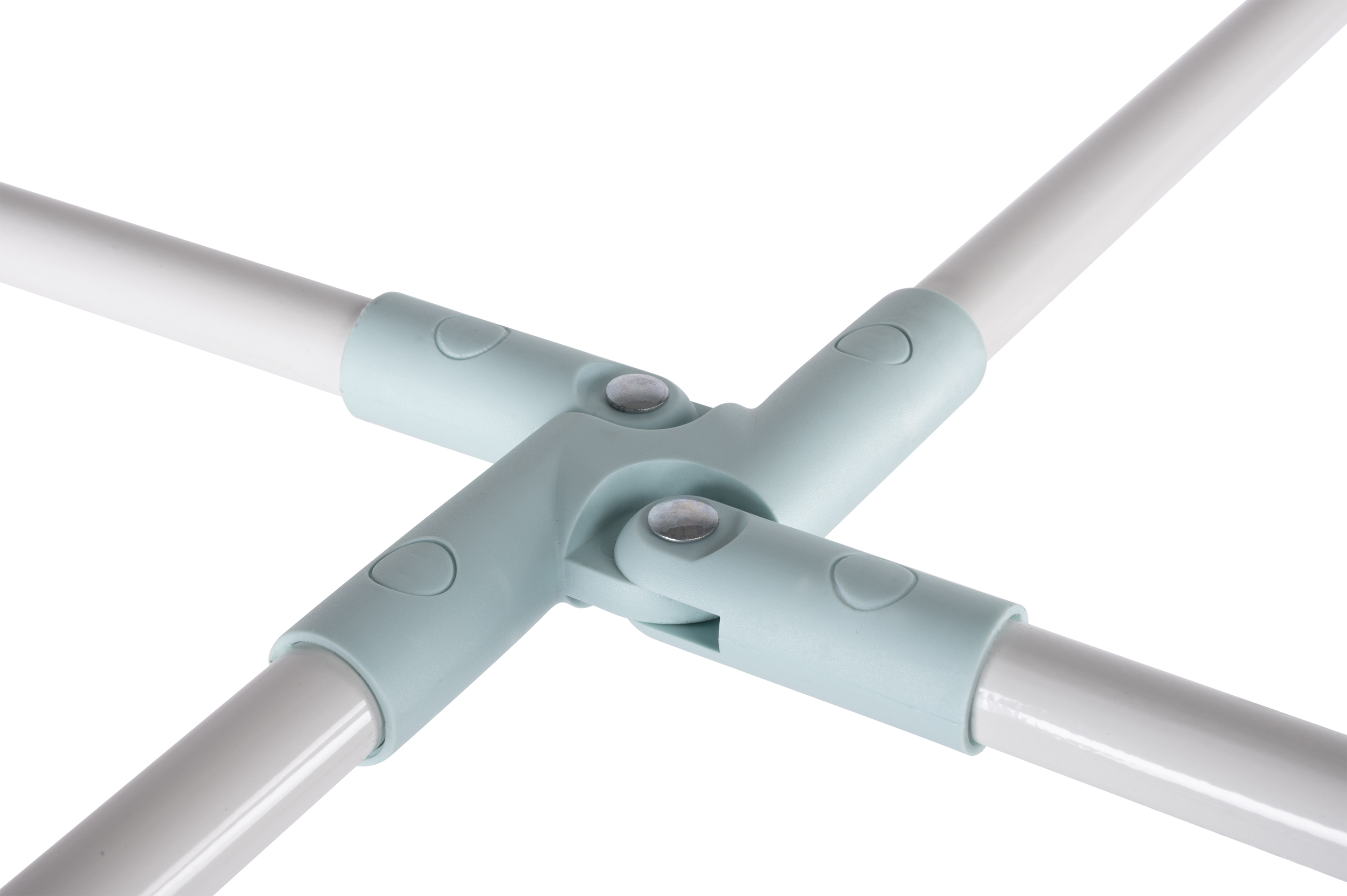 An overhead shot of a cross-shaped joint. The joint is light blue, connecting four white tubes.