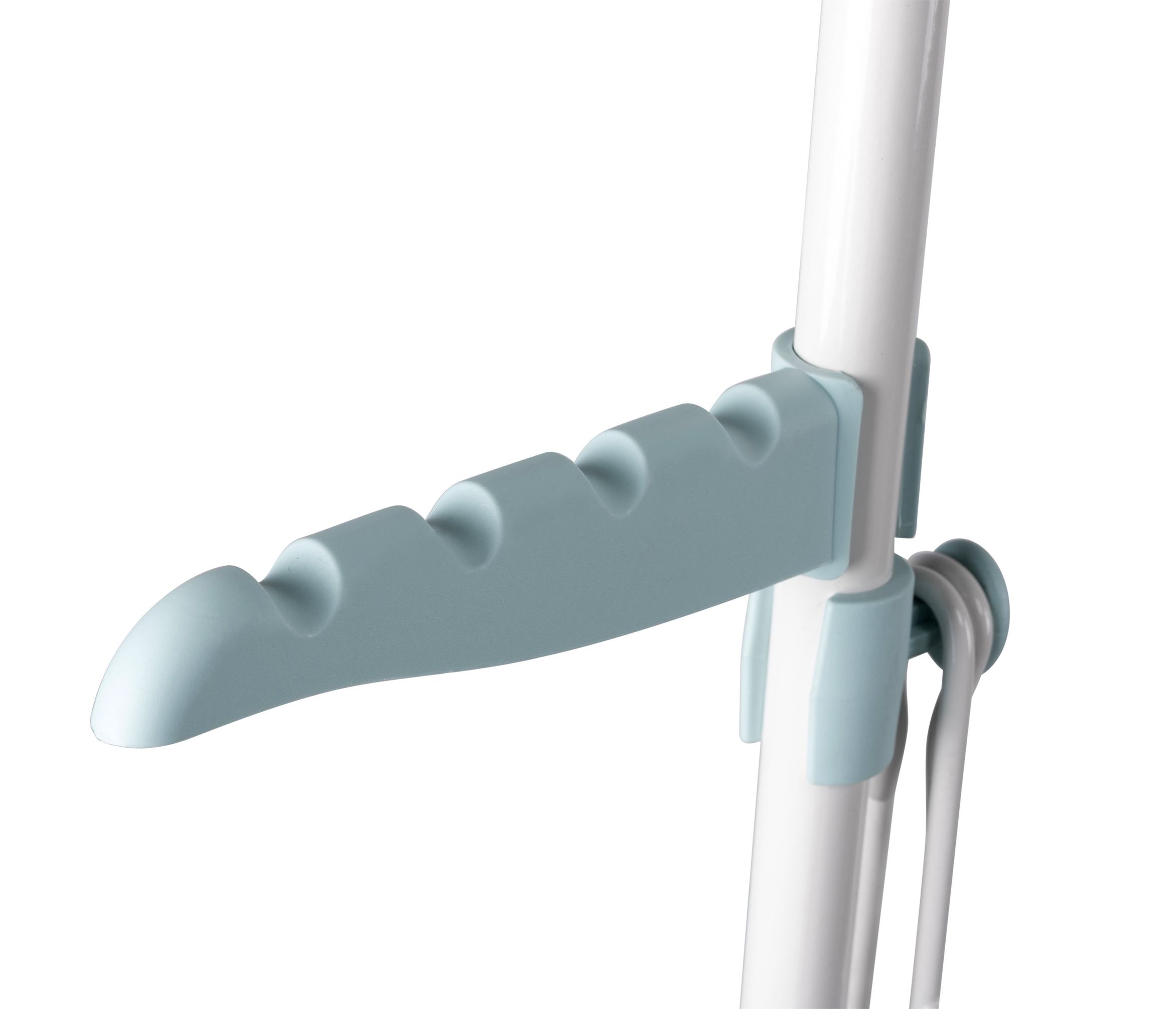 A light blue plastic clothes hanger attached to a white pole. The background is white.
