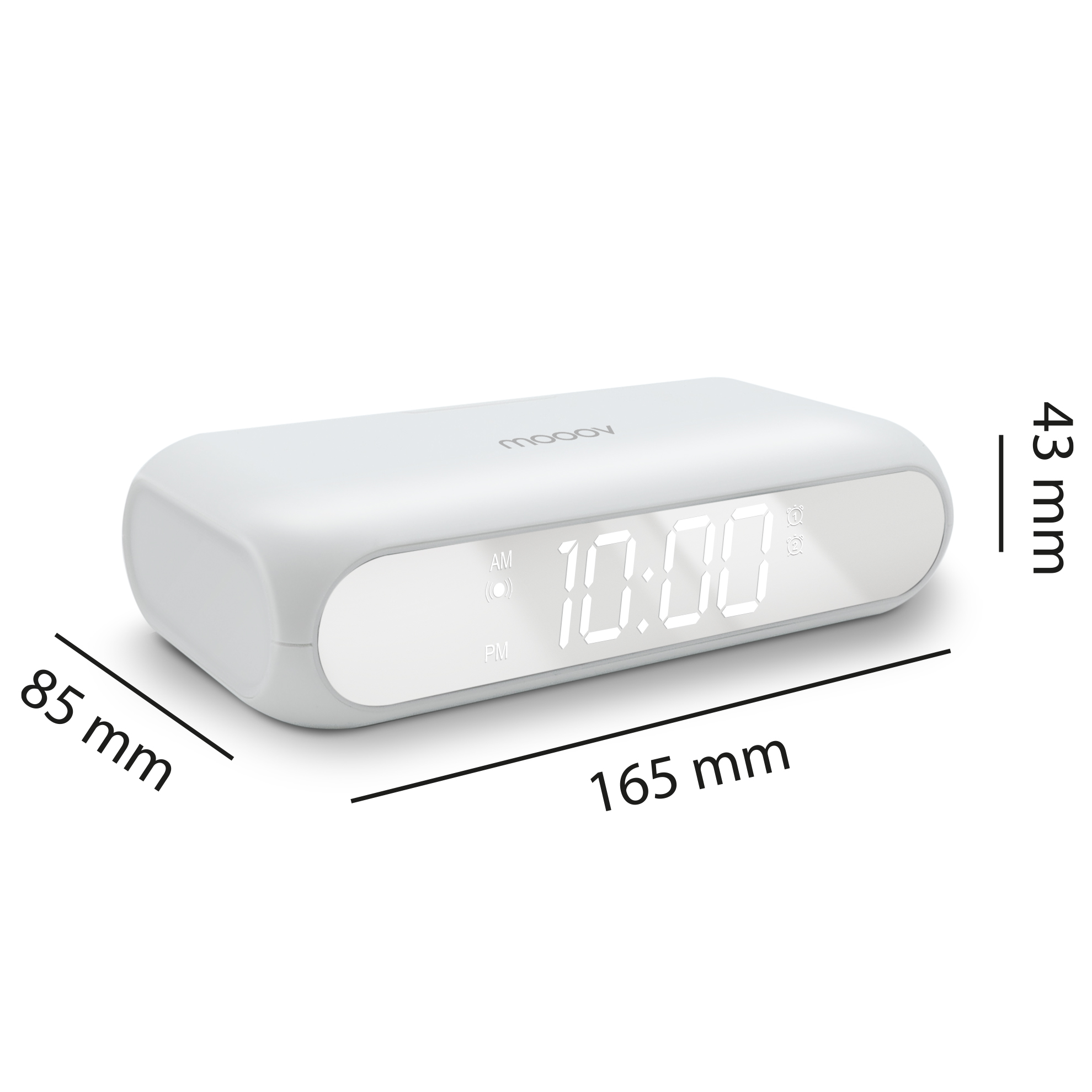 Un despertador digital Moov blanco muestra las 10:00. Las dimensiones son: 165 mm de largo, 85 mm de ancho y 43 mm de alto.