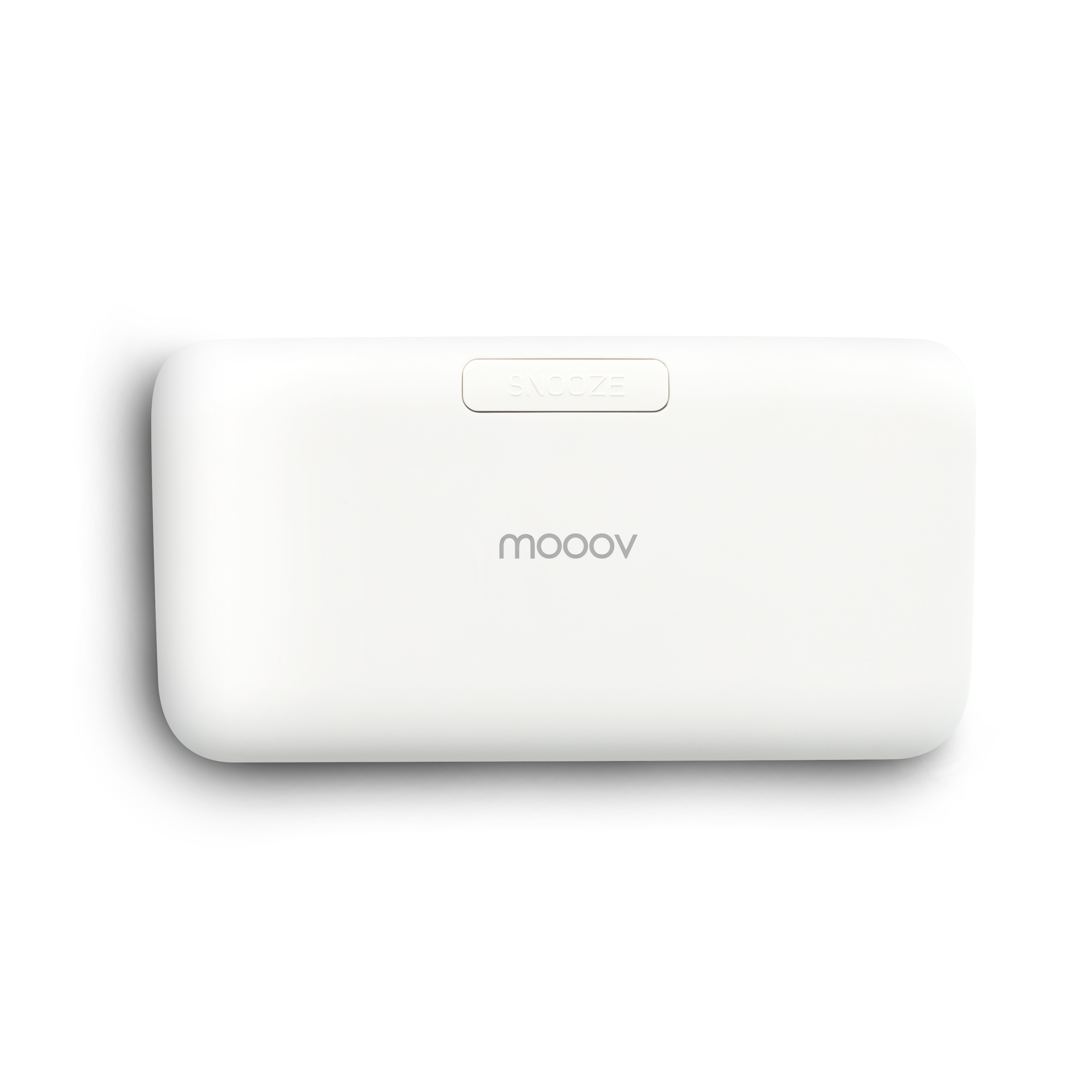 Un dispositivo rectangular blanco con esquinas redondeadas. Tiene un botón 'SNOOZE' y la marca 'mooov'.