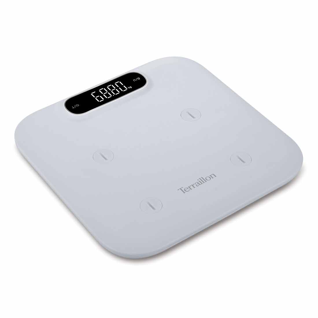 Bilancia da bagno digitale bianca con display nero che mostra 68,80 kg. Ha quattro rientranze circolari e il marchio 'Terraillon'.