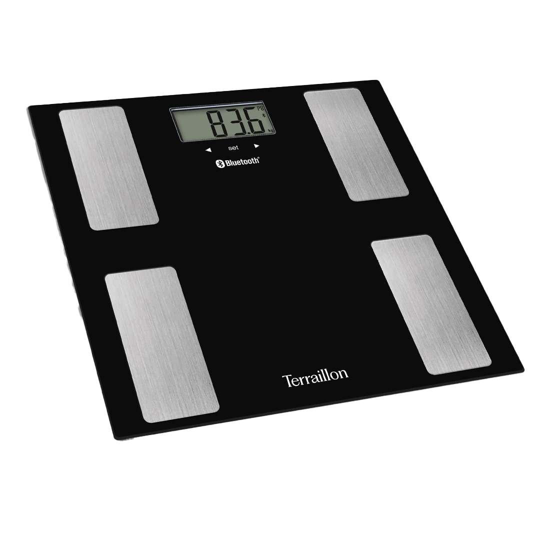 Una bilancia digitale nera mostra 83,6 kg. Ha quattro cuscinetti argentati, Bluetooth e il marchio 'Terraillon'.