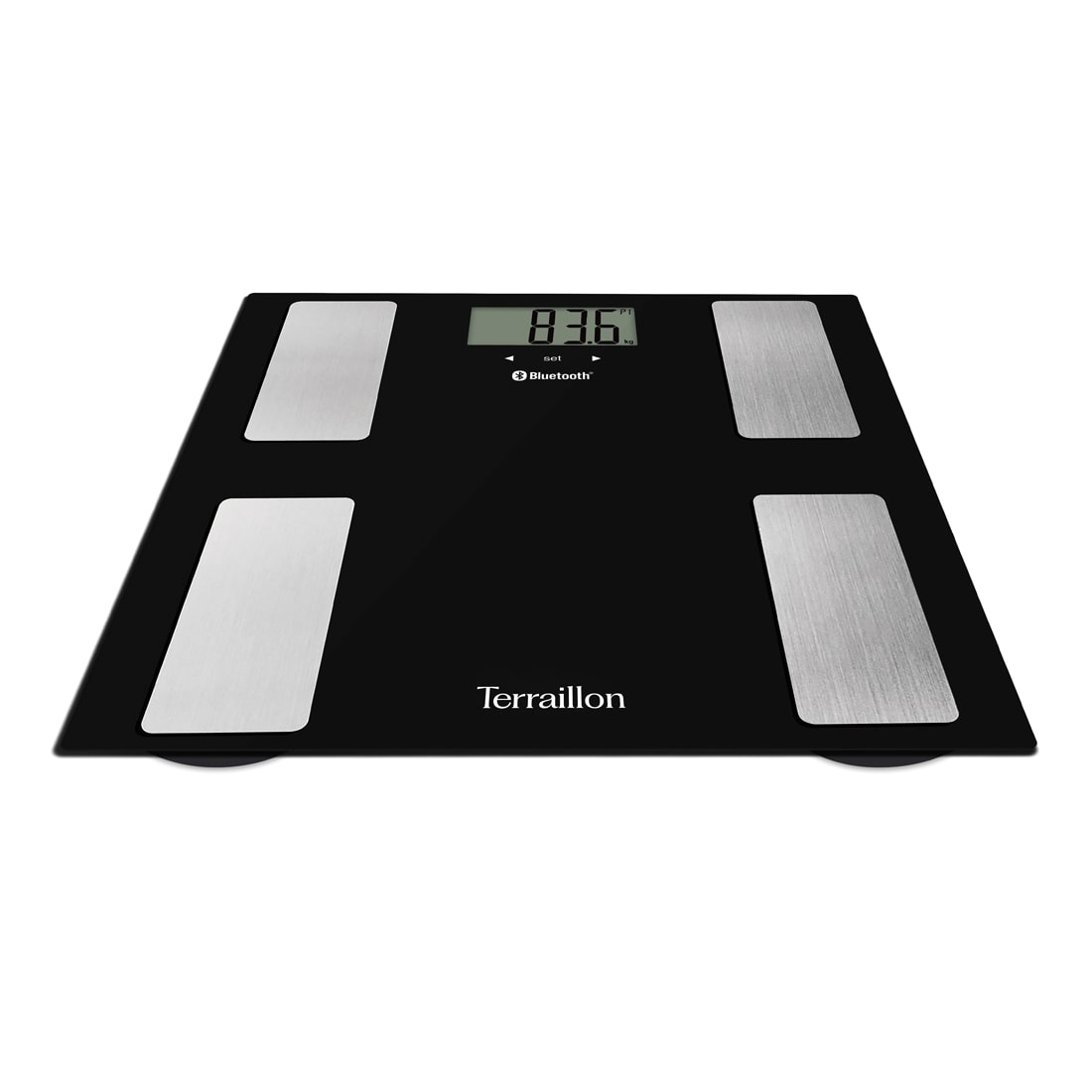 Una bilancia digitale nera con cuscinetti argentati mostra 83,6 kg. Il marchio è Terraillon.