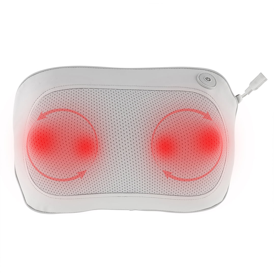 Un cuscino da massaggio bianco con cerchi rossi luminosi. Ha un pulsante di accensione e un cavo. Lo sfondo è bianco.