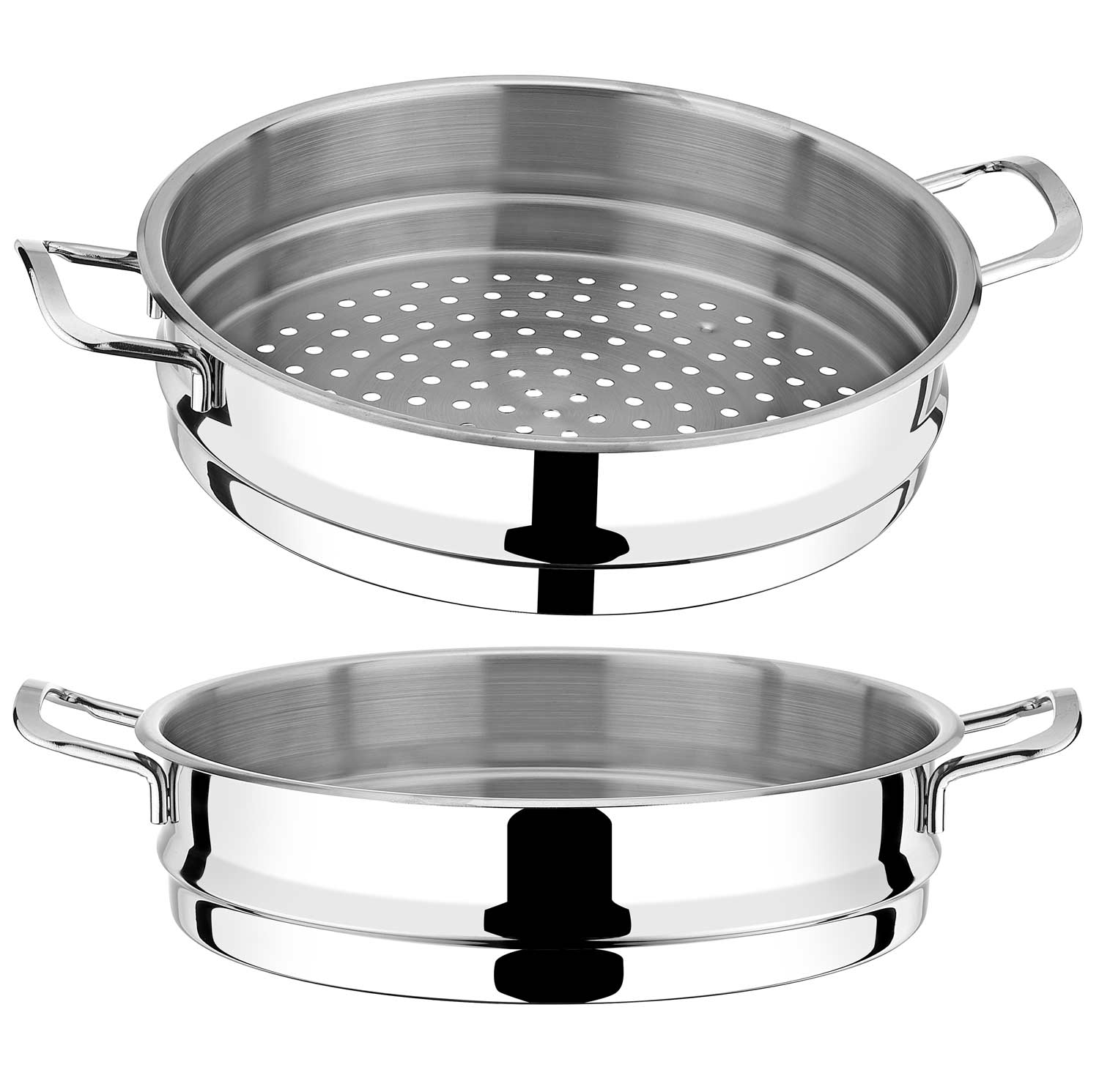 Zwei Dampfgarer aus Edelstahl. Der obere hat einen perforierten Boden. Jeder hat Griffe. Weißer Hintergrund.