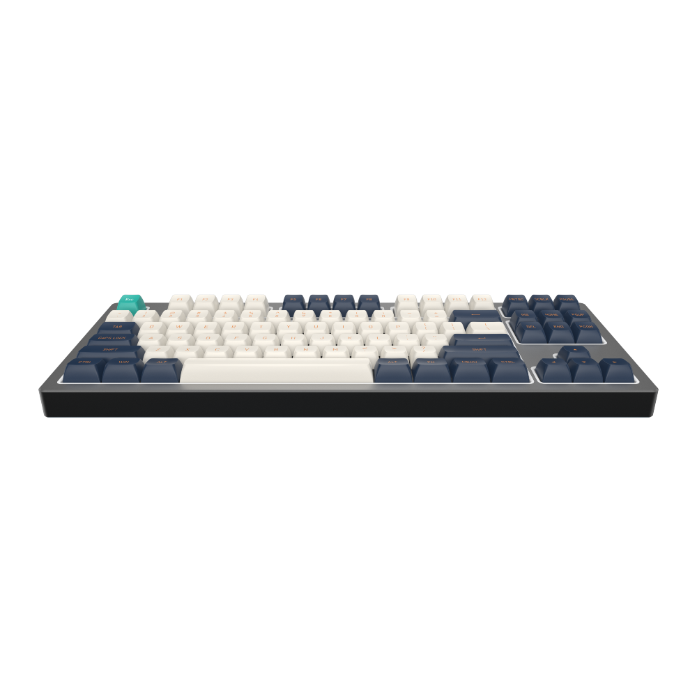 Eine mechanische Tastatur mit weißen, marineblauen und türkisblauen Tastenkappen. Der Hintergrund ist schwarz.