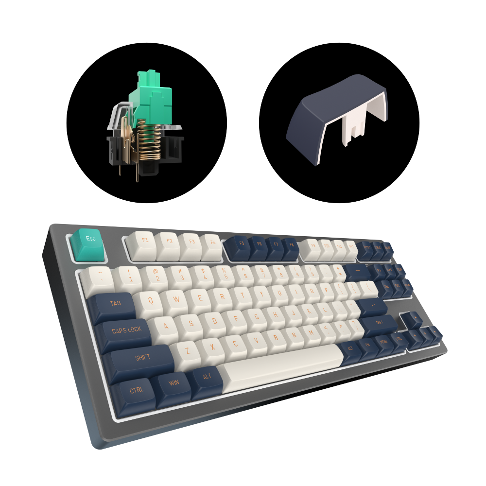 Eine mechanische Tastatur mit verschiedenen Komponenten. Sie hat weiße und marineblaue Tastenkappen. Ein einzelner Schalter und eine Tastenkappe werden ebenfalls angezeigt.
