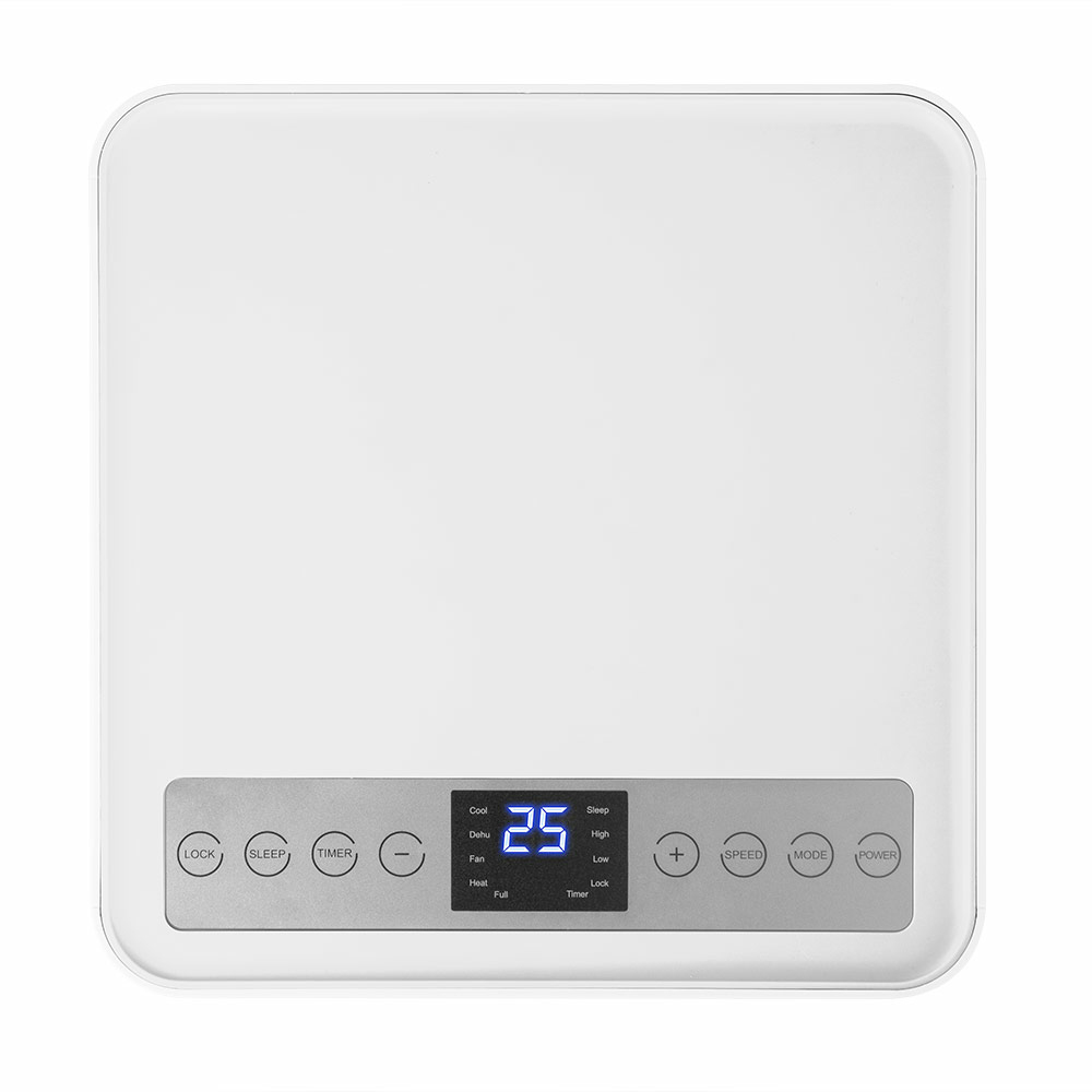 Biały klimatyzator z cyfrowym wyświetlaczem pokazującym '25'. Widoczne przyciski blokady, uśpienia, timera i regulacji temperatury.