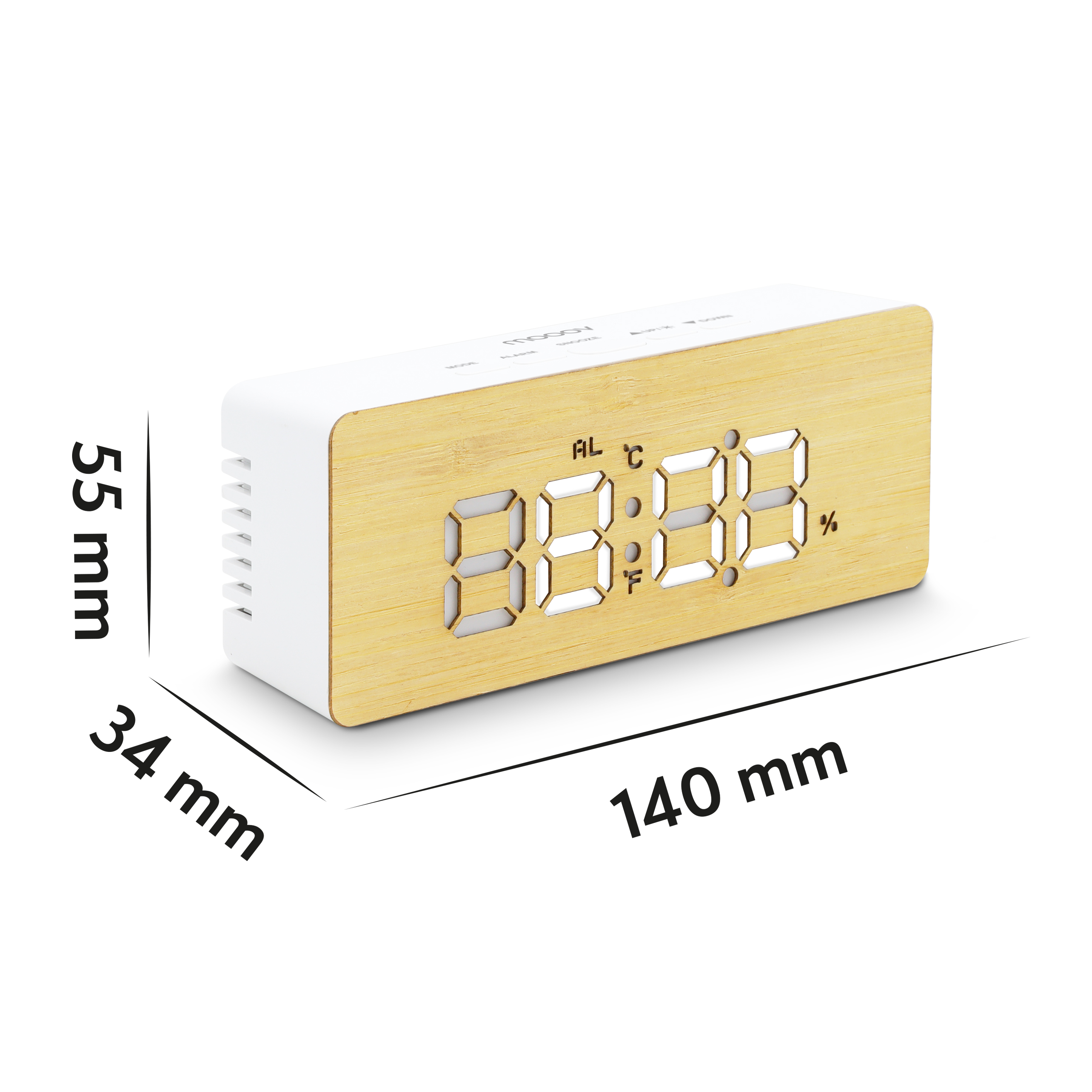 Reloj digital con frontal de madera, lados blancos. Dimensiones: 140x55x34mm. Pantalla: 88:00.