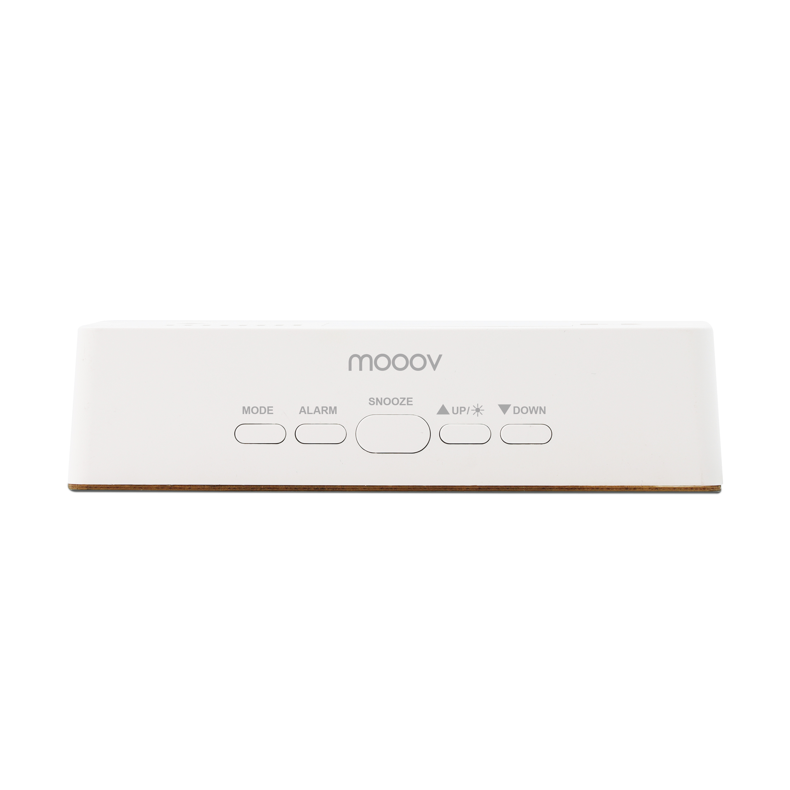 Un despertador blanco con botones: MODE, ALARM, SNOOZE, UP/luz y DOWN. La marca es moooov.