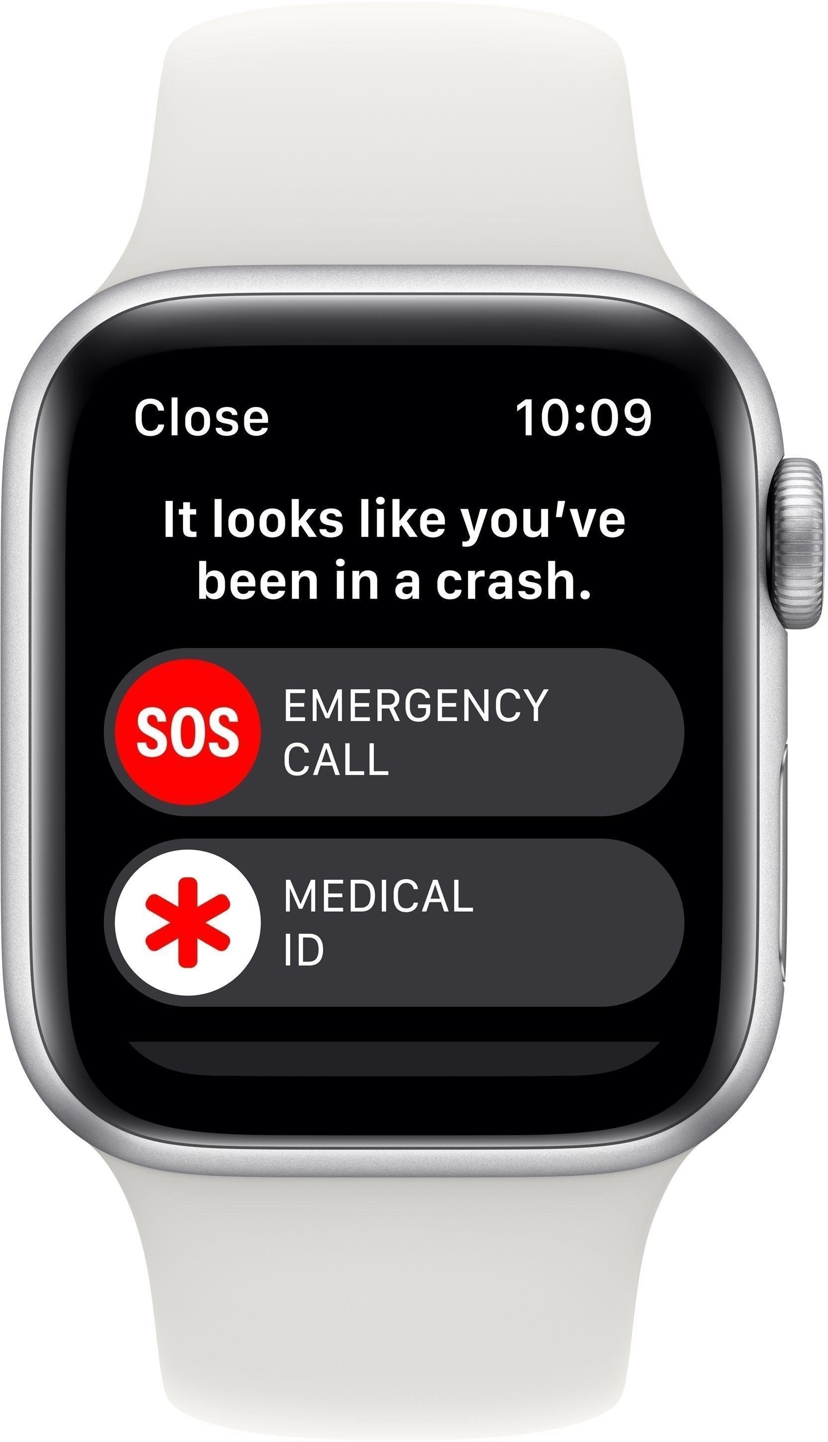 Apple Watch-Bildschirm mit Unfallerkennung. Zeigt Notruf- und medizinische ID-Optionen. Weiße Uhr mit weißem Armband.
