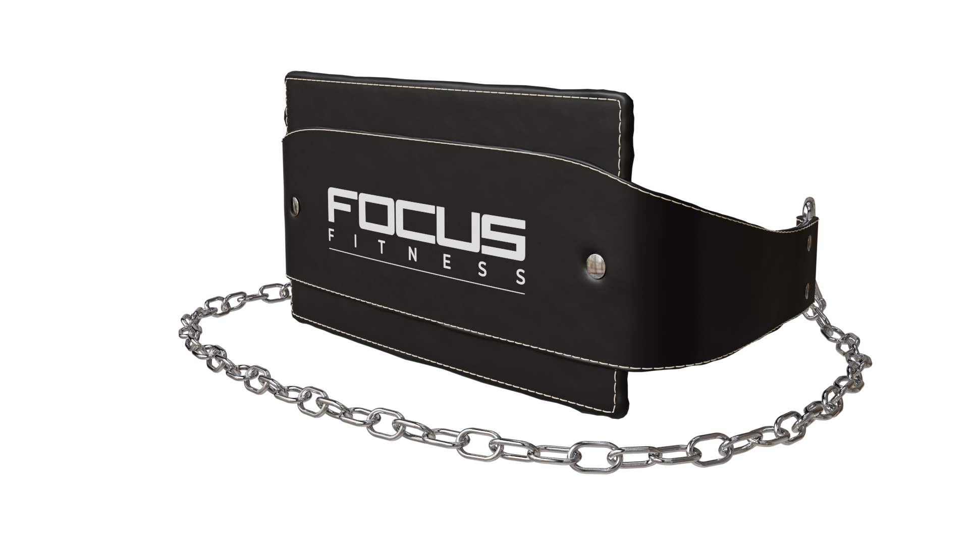 Zwarte gewichthefband met witte stiksels en zilveren ketting. De band zegt 'FOCUS FITNESS' in witte letters. Zwarte achtergrond.
