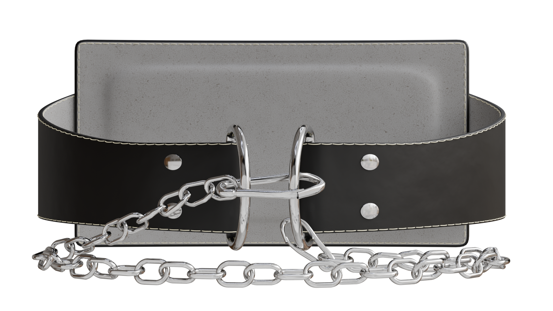 Zwarte leren kraag met zilveren ketting en metalen hardware. De kraag zit om een grijze rechthoekige vorm, alles op een zwarte achtergrond.