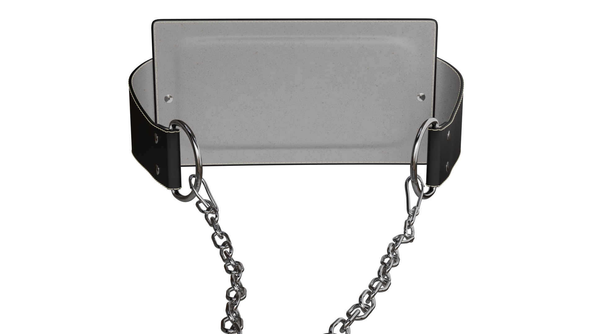 Een grijs rechthoekig object wordt opgehangen door een zwarte leren riem en twee zilveren kettingen tegen een zwarte achtergrond.