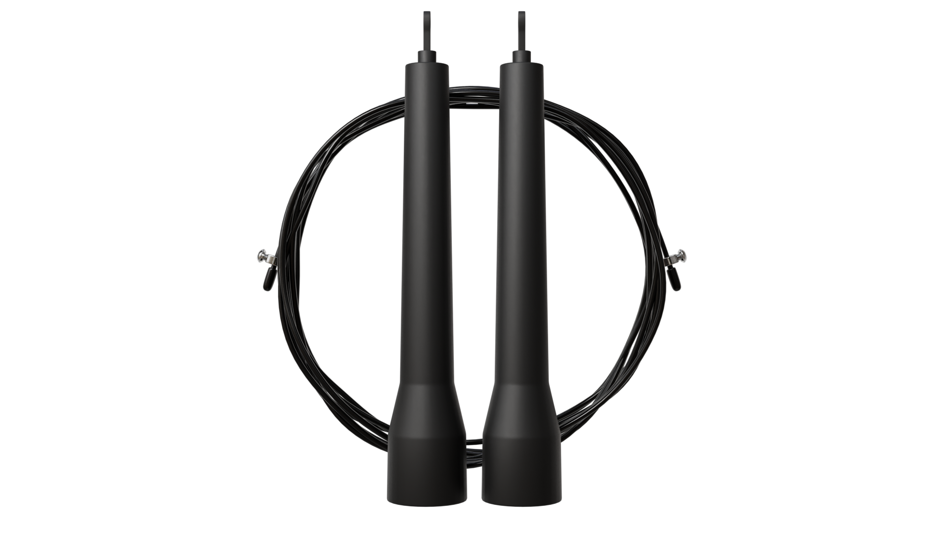 Deux poignées noires de corde à sauter avec un câble noir formant un cercle sur fond noir. Détails argentés visibles.