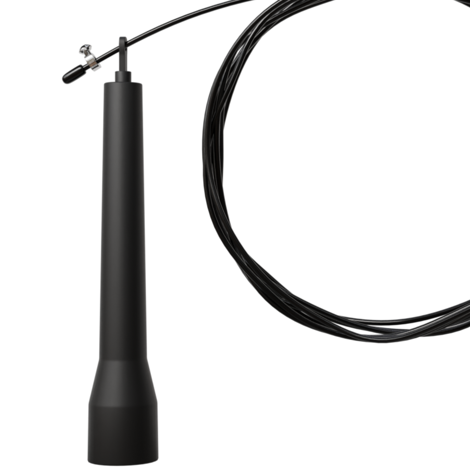 Une corde à sauter noire sur fond blanc. La poignée est cylindrique. La corde est en fil noir.