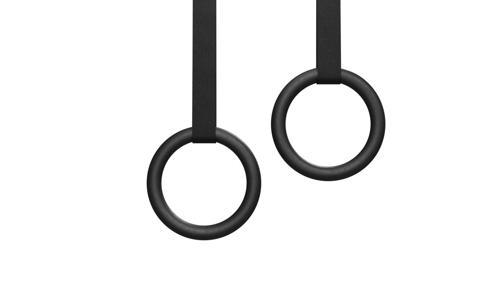 Two black gymnastic rings hang from black straps against a black background. The rings are circular and slightly textured.